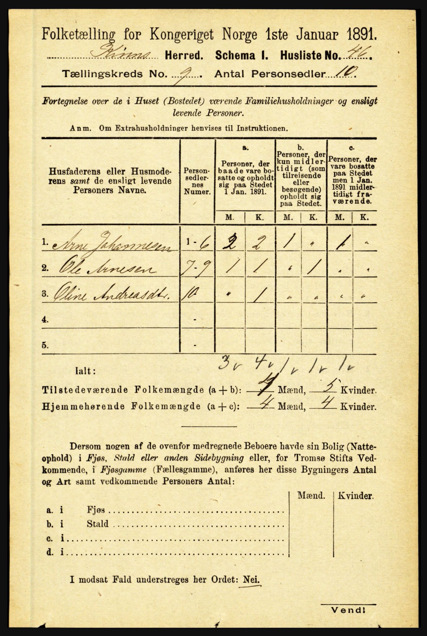 RA, 1891 census for 1437 Kinn, 1891, p. 3446