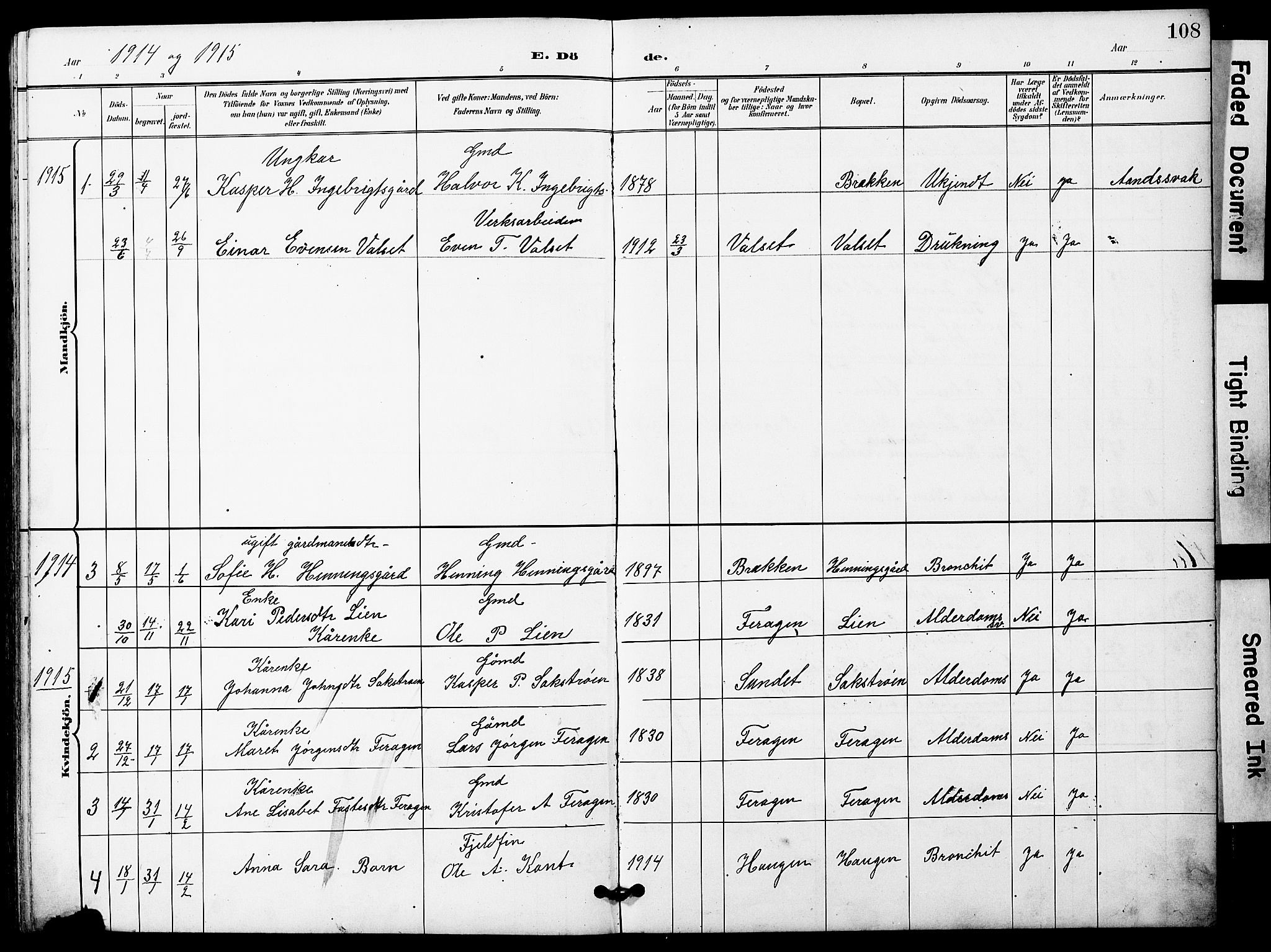 Ministerialprotokoller, klokkerbøker og fødselsregistre - Sør-Trøndelag, SAT/A-1456/683/L0950: Parish register (copy) no. 683C02, 1897-1918, p. 108