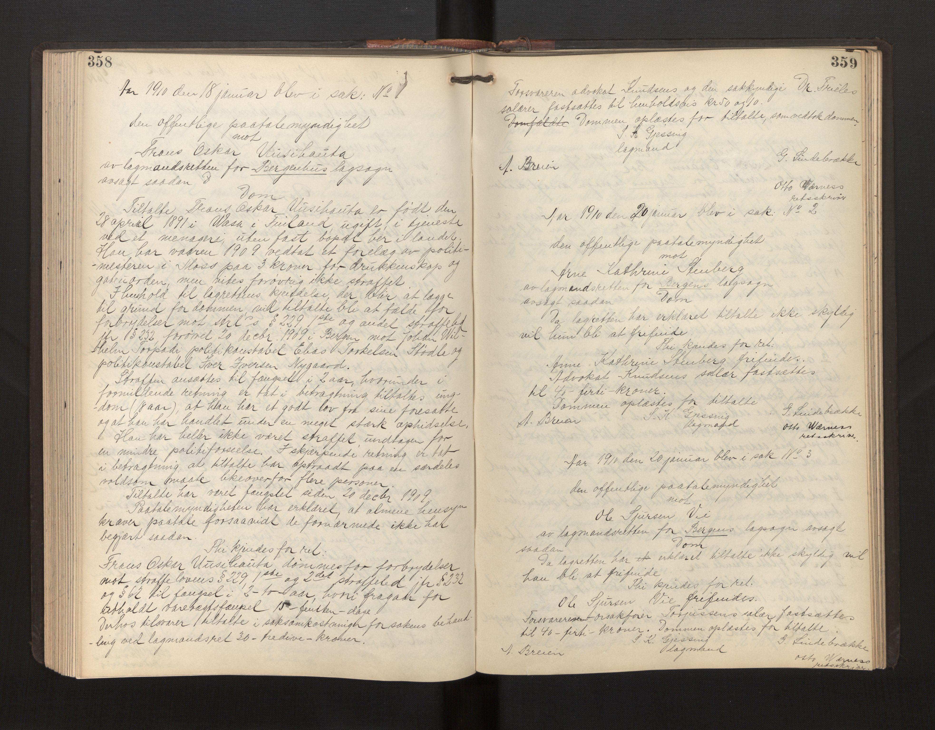 Gulating lagmannsrett, AV/SAB-A-60201/D/Da/L0002: Domsprotokoll for straffesaker - Gula- og Frostating lagdømme., 1906-1910, p. 358-359