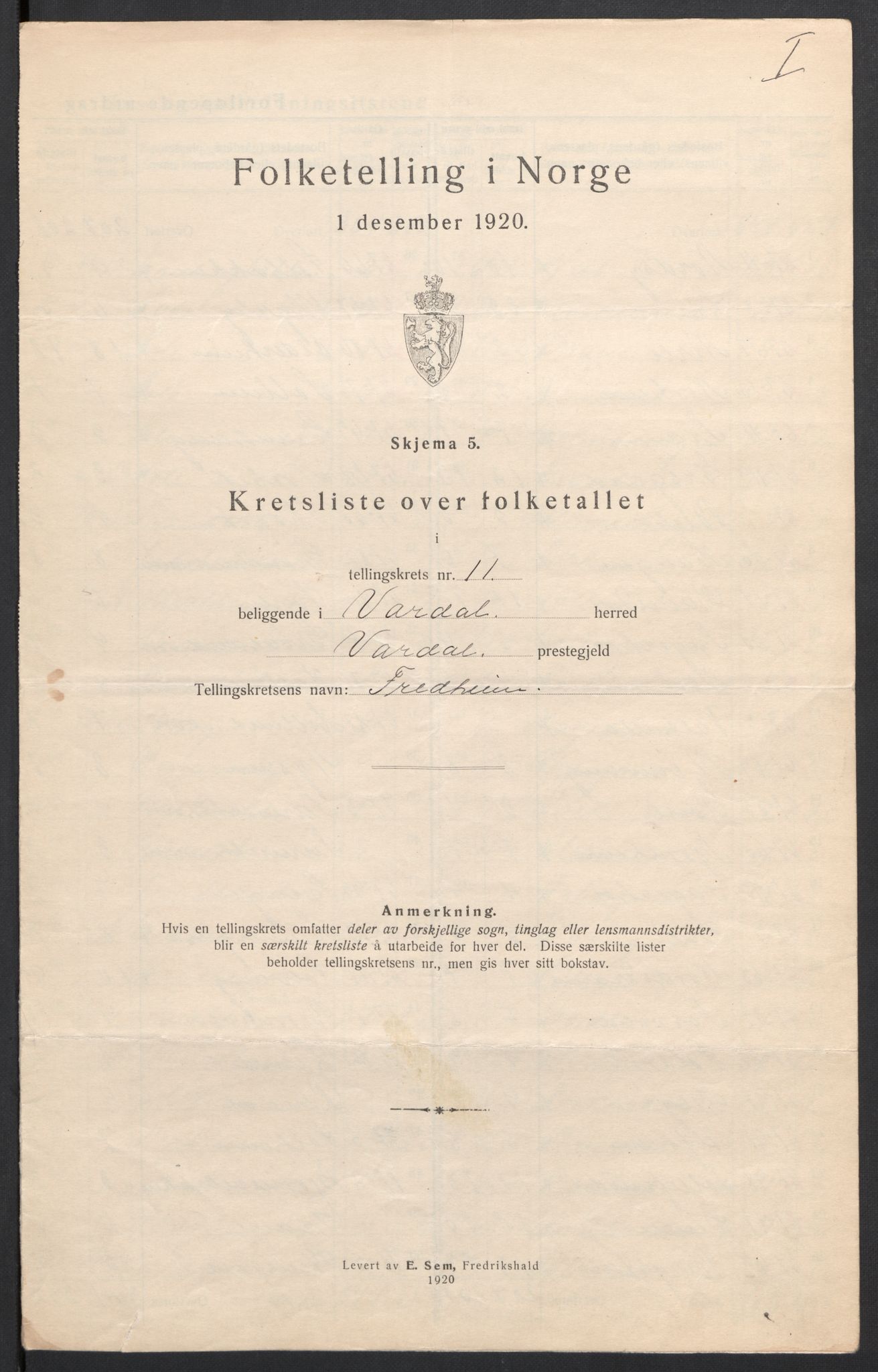 SAH, 1920 census for Vardal, 1920, p. 43