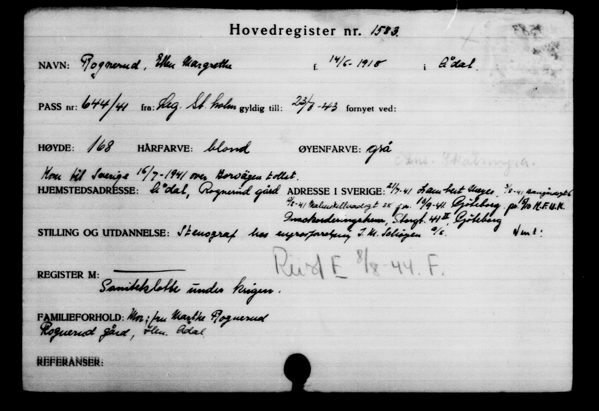 Utenriksstasjonene, Legasjonen i Stockholm, Flyktningkontoret, AV/RA-S-6753/V/Va/L0002: Kjesäterkartoteket, flyktninger med registreringsnr. 1001-2000, 1940-1945, p. 835