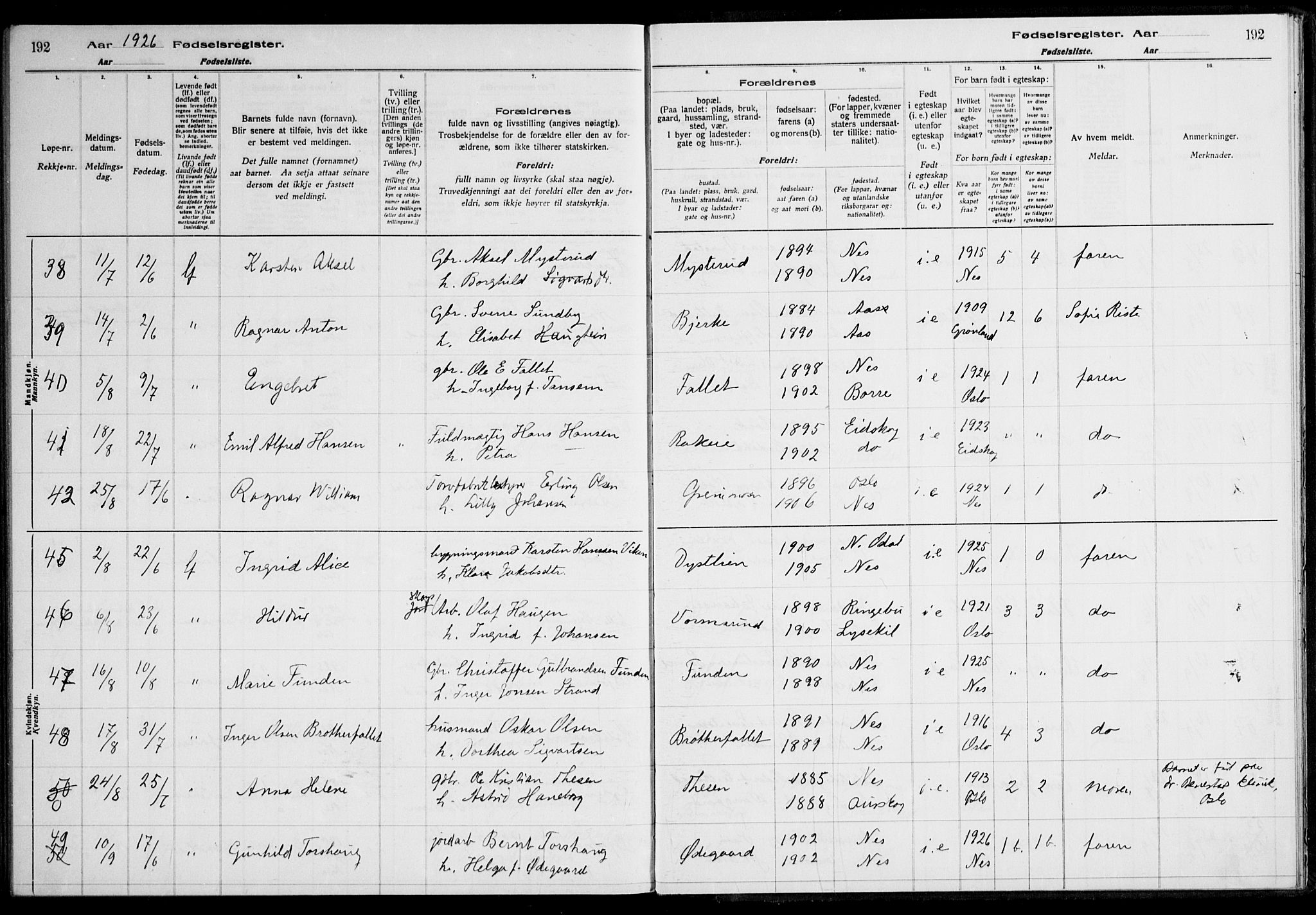 Nes prestekontor Kirkebøker, AV/SAO-A-10410/J/Ja/L0001: Birth register no. 1, 1916-1926, p. 192