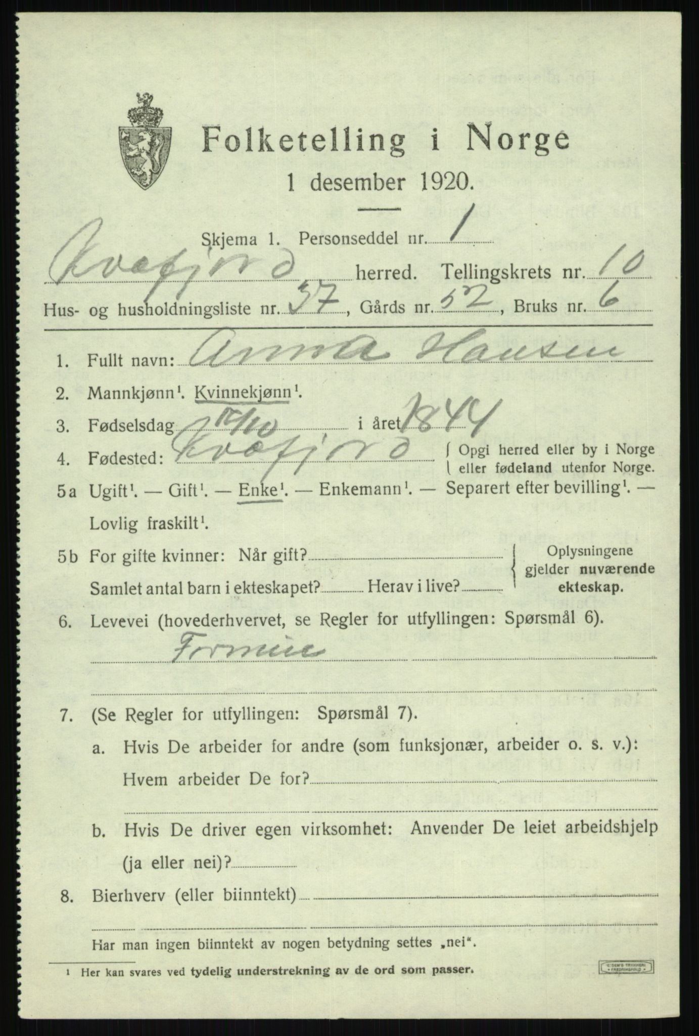 SATØ, 1920 census for Kvæfjord, 1920, p. 4905
