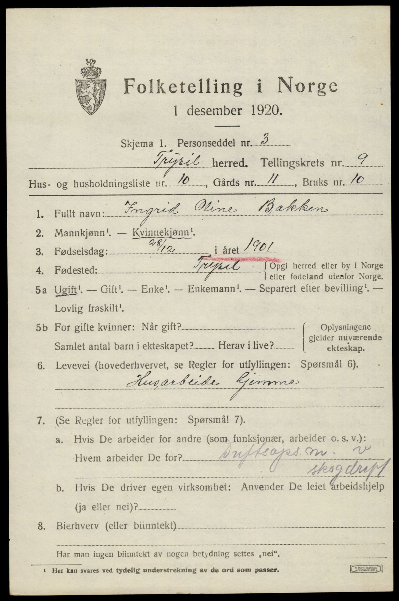 SAH, 1920 census for Trysil, 1920, p. 6667