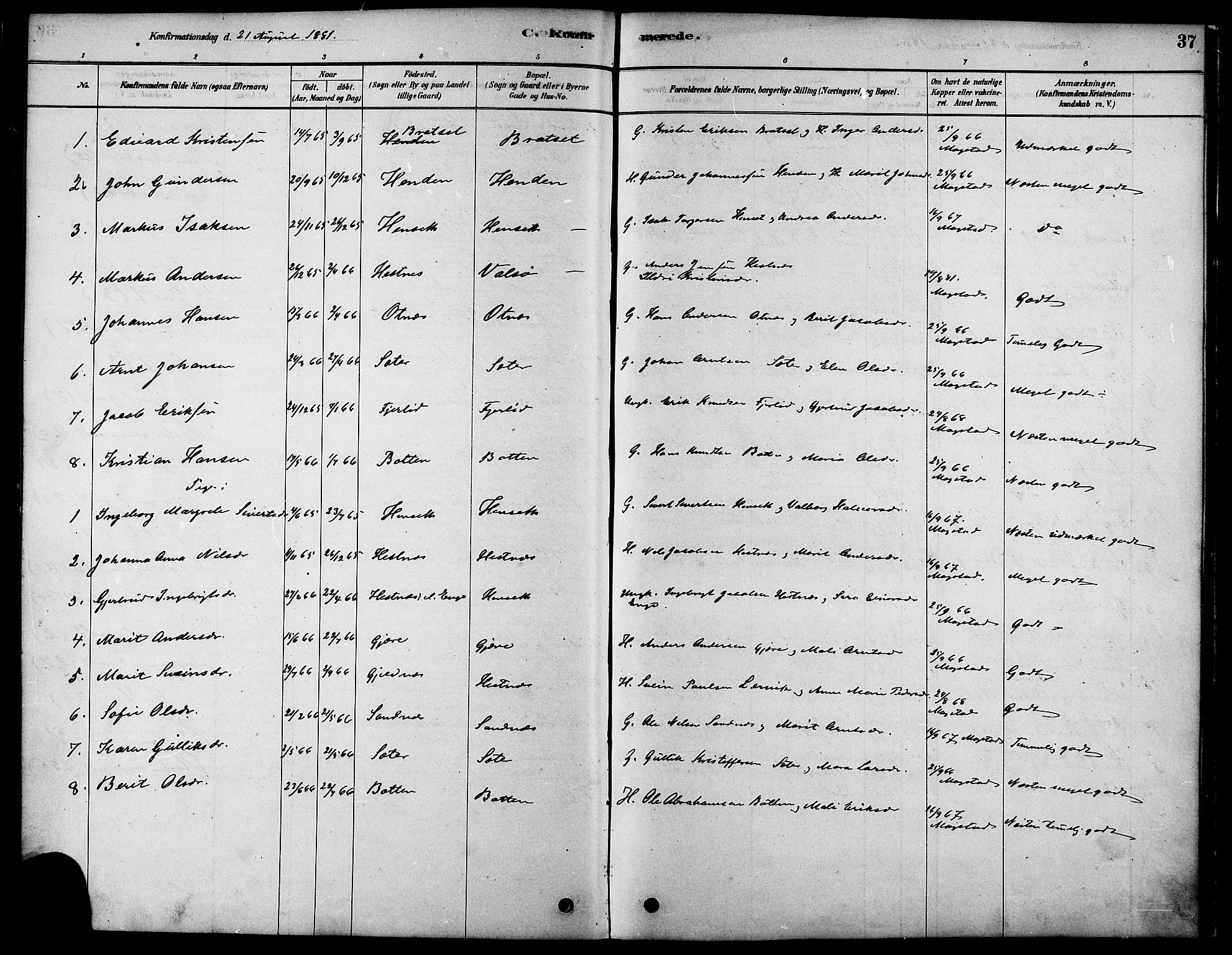 Ministerialprotokoller, klokkerbøker og fødselsregistre - Møre og Romsdal, AV/SAT-A-1454/580/L0924: Parish register (official) no. 580A01, 1878-1887, p. 37