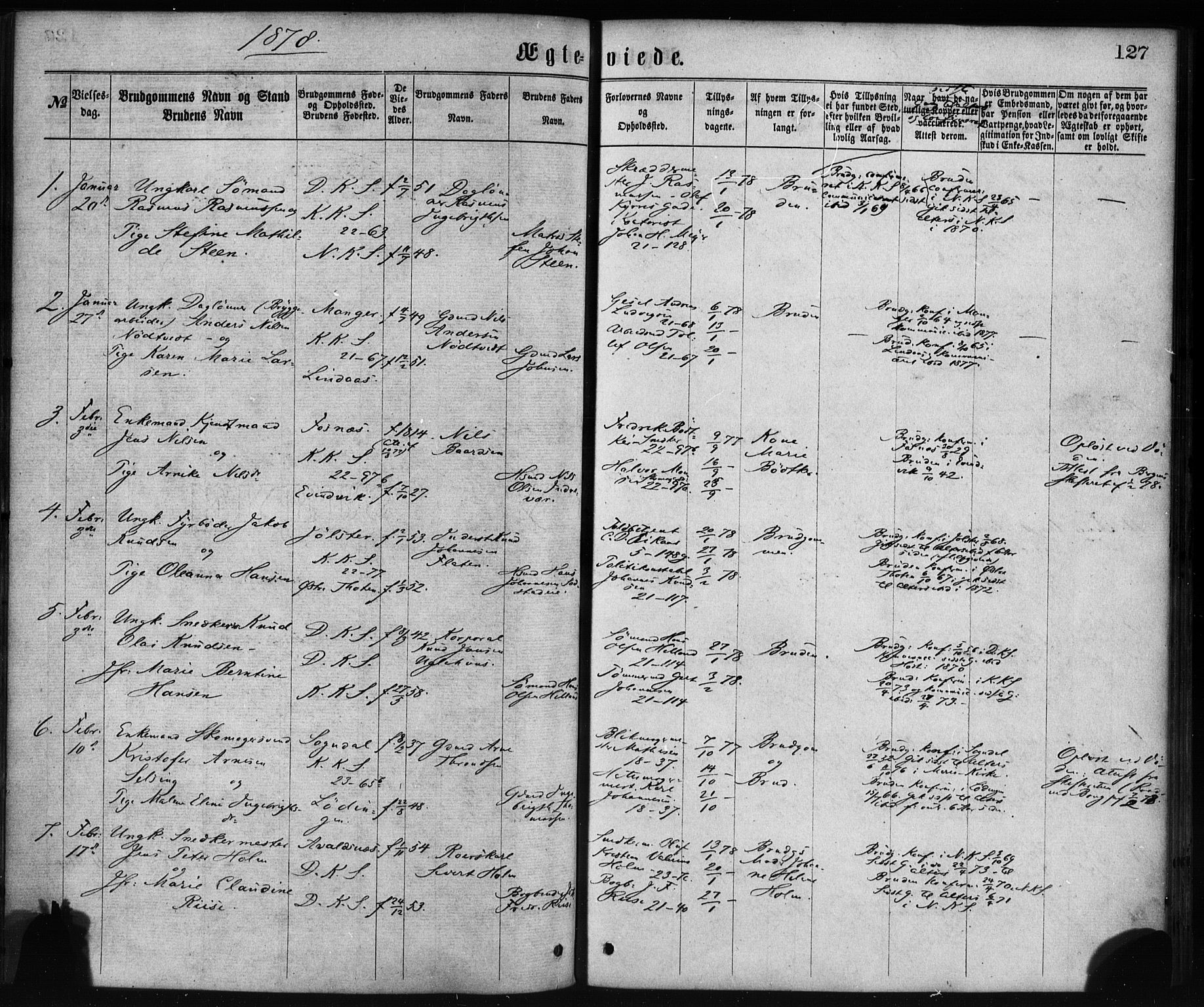 Korskirken sokneprestembete, AV/SAB-A-76101/H/Haa/L0036: Parish register (official) no. D 3, 1867-1882, p. 127