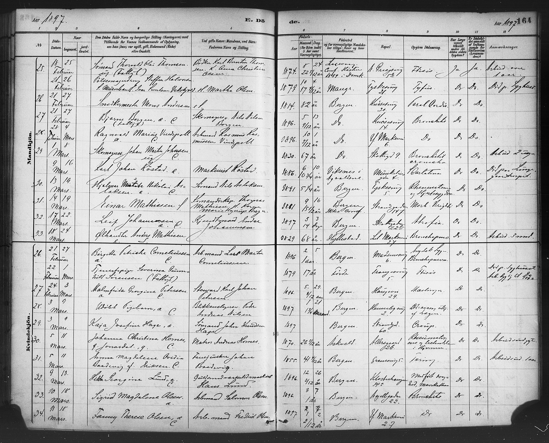 Nykirken Sokneprestembete, AV/SAB-A-77101/H/Haa/L0044: Parish register (official) no. E 4, 1882-1898, p. 164