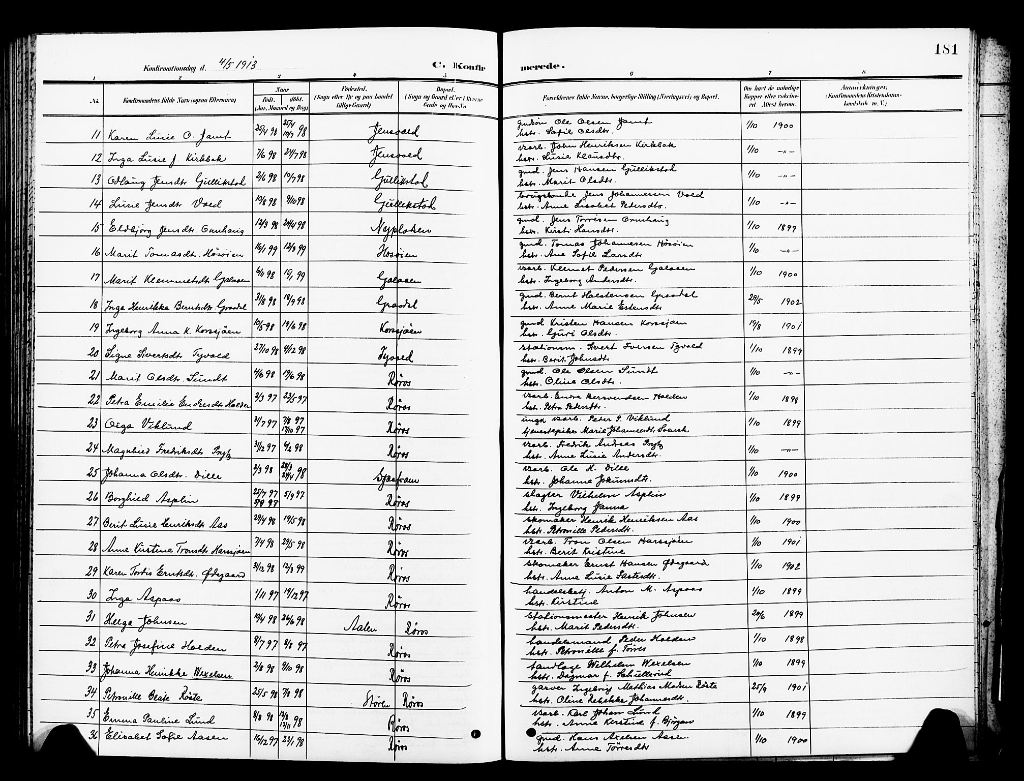 Ministerialprotokoller, klokkerbøker og fødselsregistre - Sør-Trøndelag, SAT/A-1456/681/L0942: Parish register (copy) no. 681C06, 1906-1925, p. 181