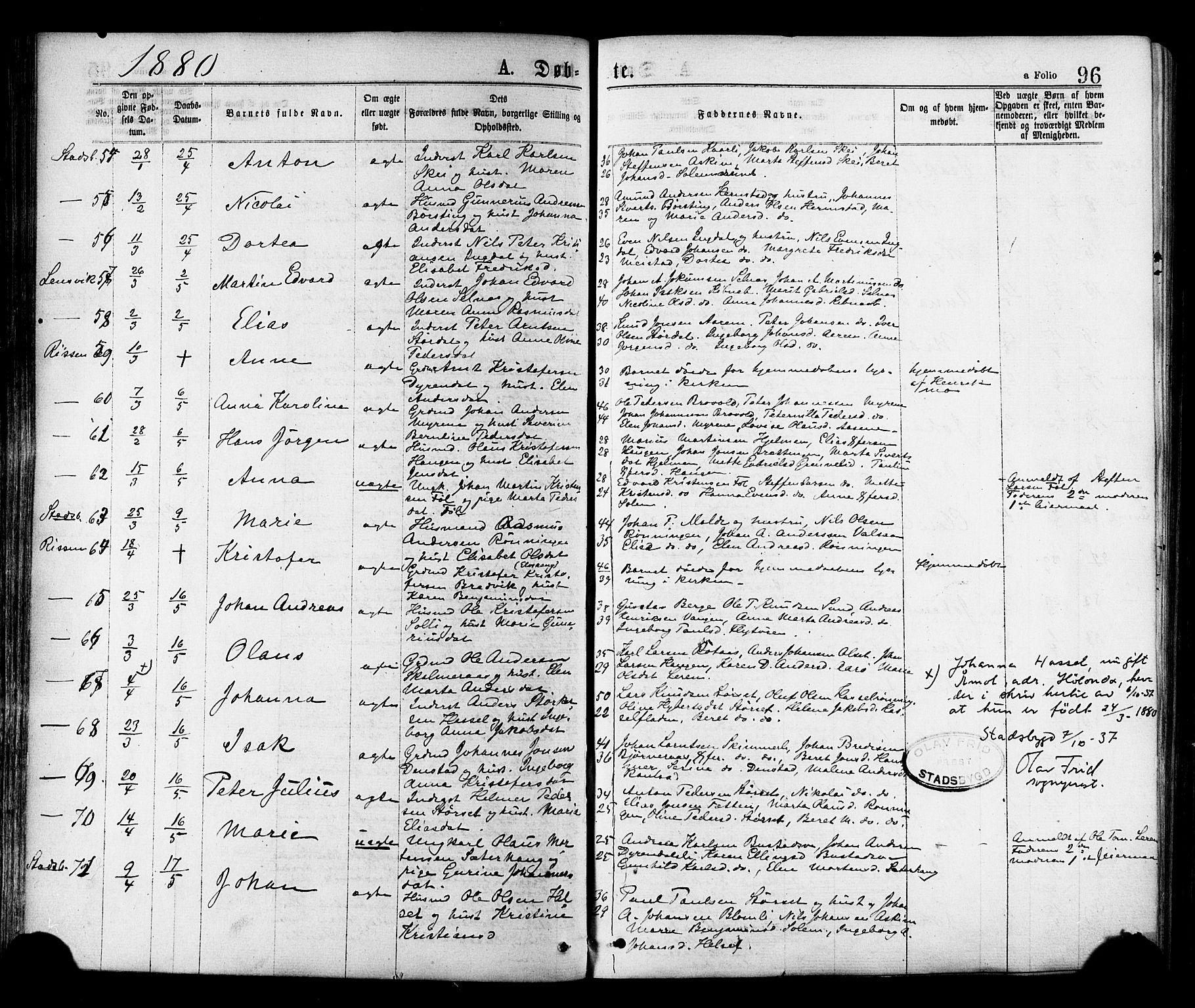 Ministerialprotokoller, klokkerbøker og fødselsregistre - Sør-Trøndelag, AV/SAT-A-1456/646/L0613: Parish register (official) no. 646A11, 1870-1884, p. 96