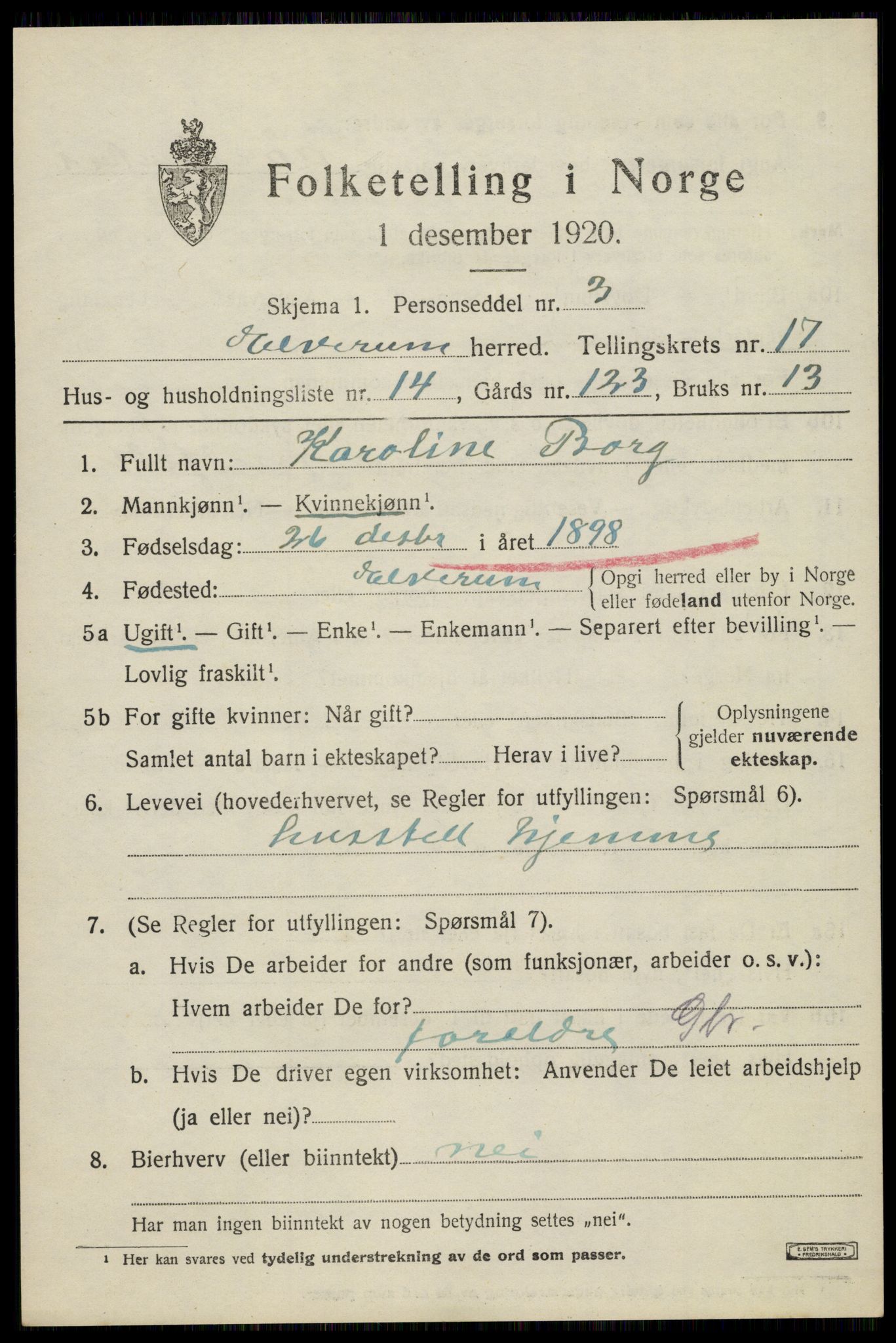 SAH, 1920 census for Elverum, 1920, p. 21436