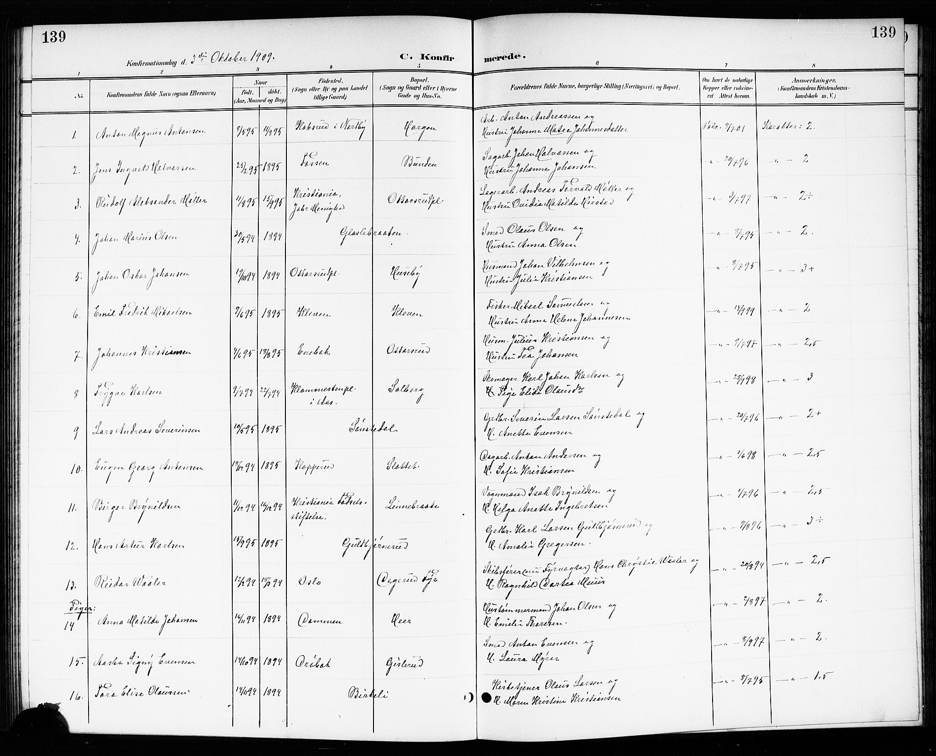 Drøbak prestekontor Kirkebøker, AV/SAO-A-10142a/G/Gb/L0001: Parish register (copy) no. II 1, 1901-1919, p. 139