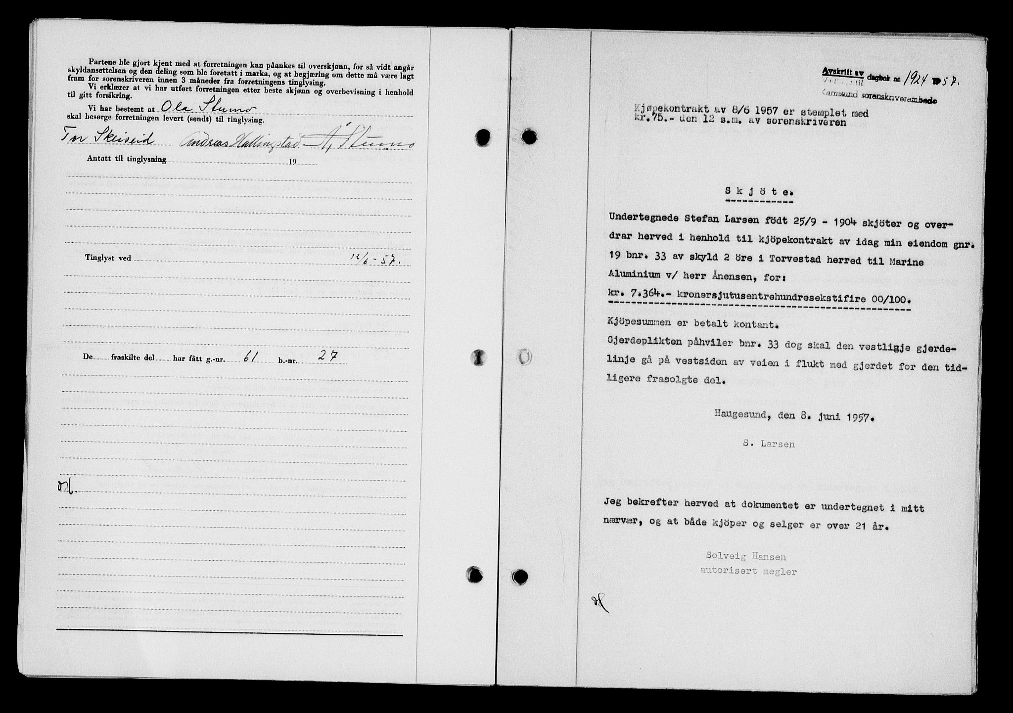 Karmsund sorenskriveri, AV/SAST-A-100311/01/II/IIB/L0125: Mortgage book no. 105A, 1957-1957, Diary no: : 1924/1957