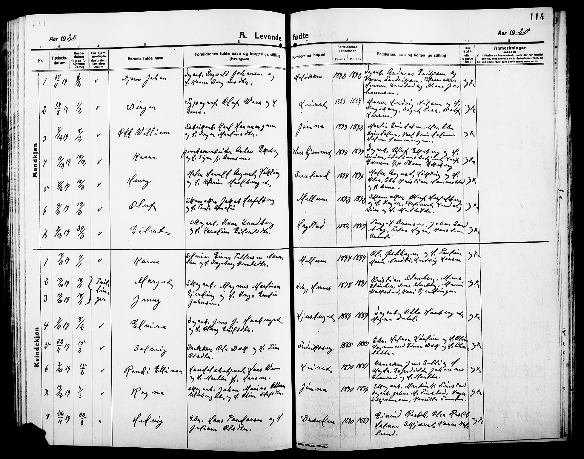 Elverum prestekontor, SAH/PREST-044/H/Ha/Hab/L0010: Parish register (copy) no. 10, 1912-1922, p. 114