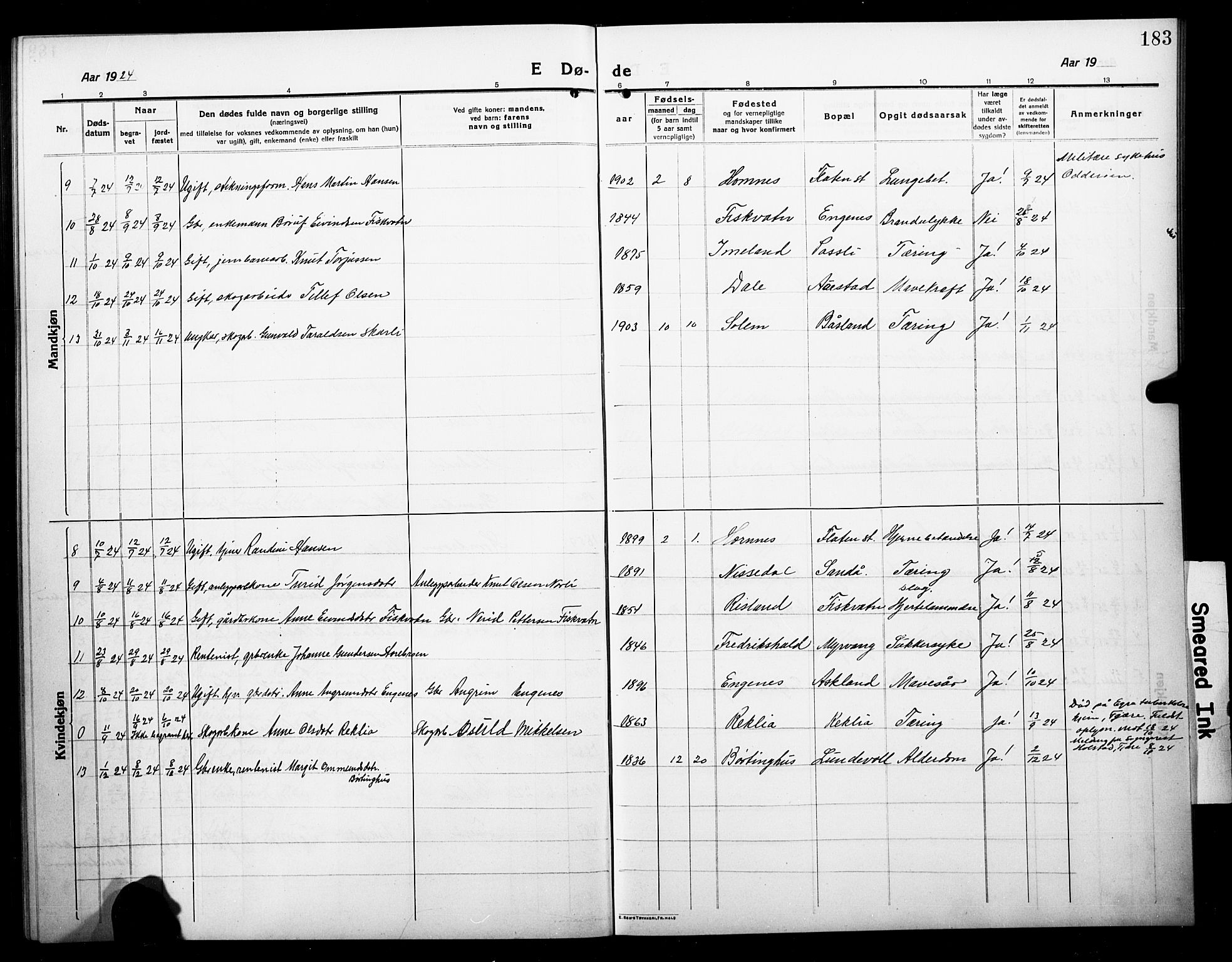 Åmli sokneprestkontor, AV/SAK-1111-0050/F/Fb/Fbc/L0006: Parish register (copy) no. B 6, 1915-1929, p. 183