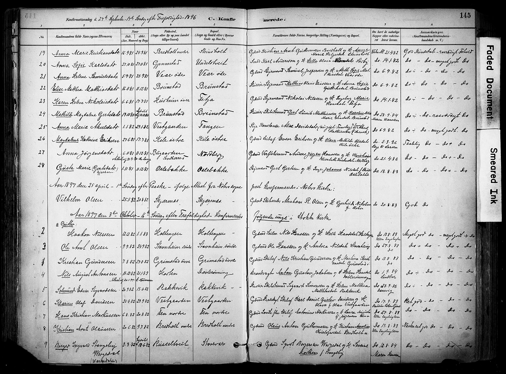 Stokke kirkebøker, SAKO/A-320/F/Fa/L0010: Parish register (official) no. I 10, 1884-1903, p. 145