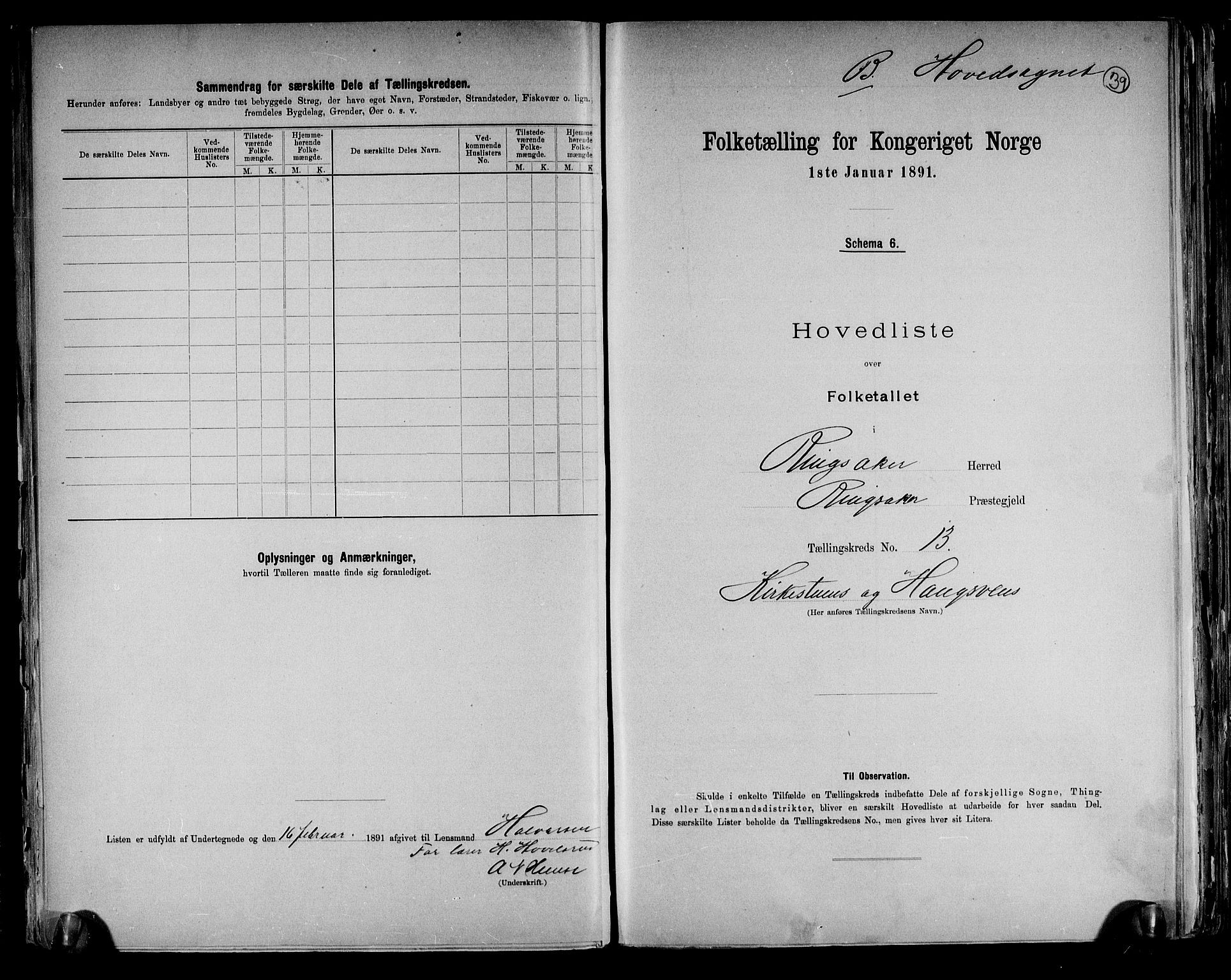 RA, 1891 census for 0412 Ringsaker, 1891, p. 39