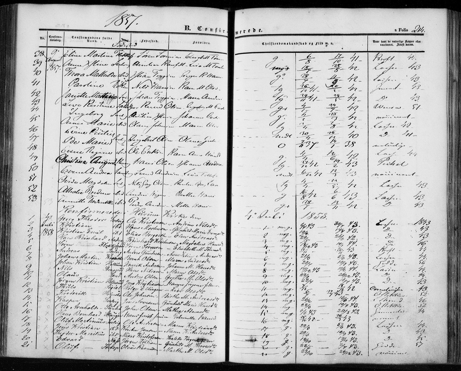Hurum kirkebøker, SAKO/A-229/F/Fa/L0011: Parish register (official) no. 11, 1847-1860, p. 214