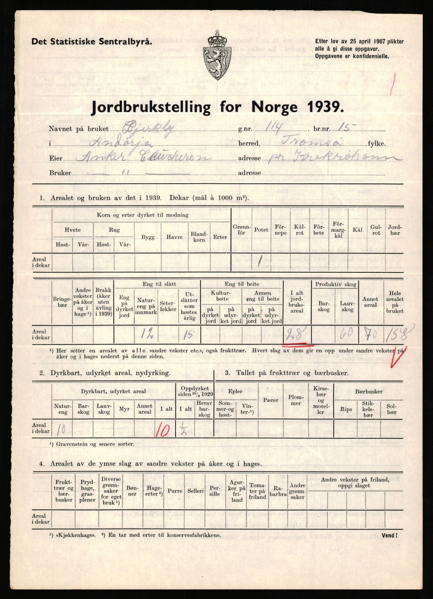 Statistisk sentralbyrå, Næringsøkonomiske emner, Jordbruk, skogbruk, jakt, fiske og fangst, AV/RA-S-2234/G/Gb/L0339: Troms: Andørja, Astafjord og Lavangen, 1939, p. 641