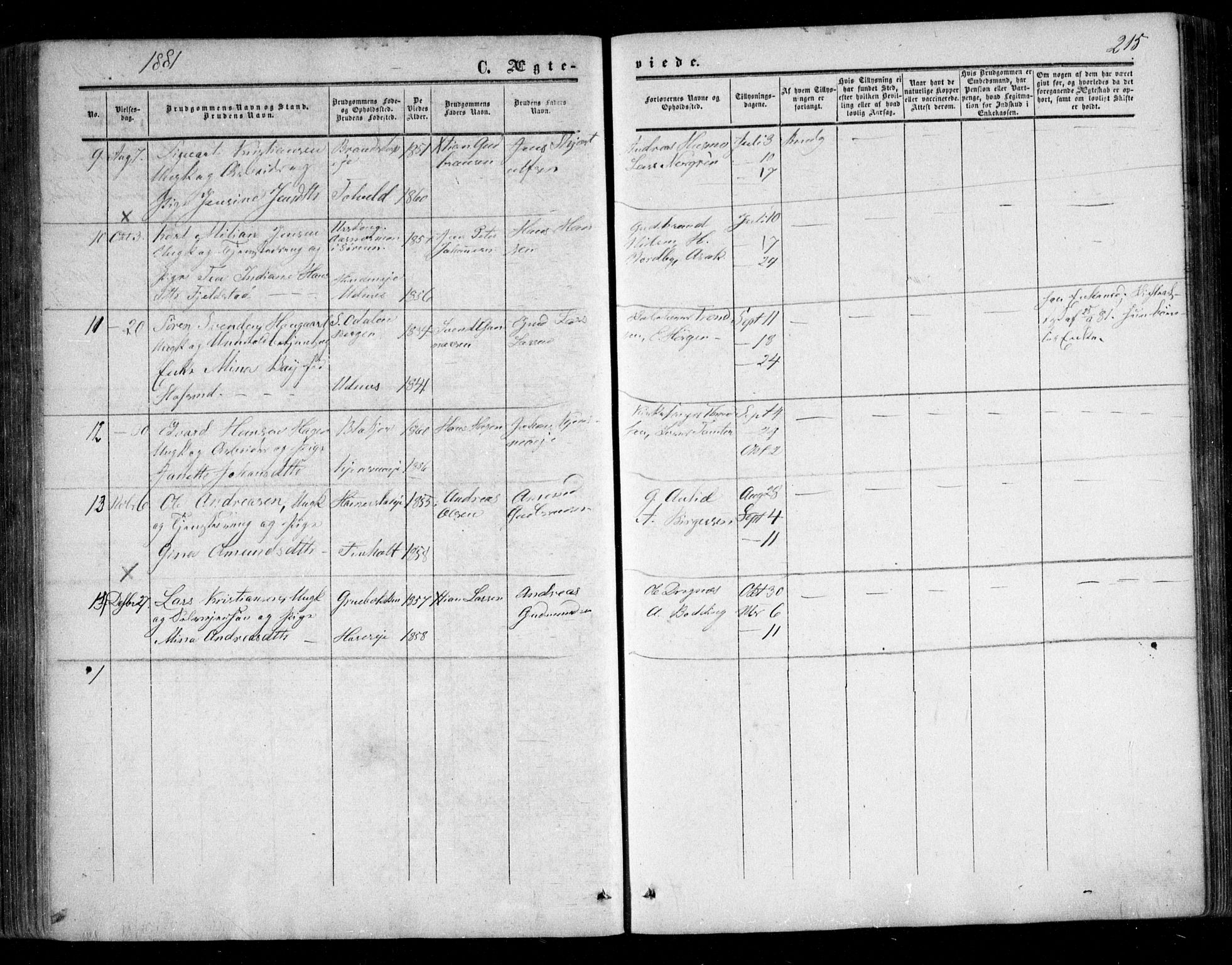 Nes prestekontor Kirkebøker, SAO/A-10410/F/Fc/L0001: Parish register (official) no. III 1, 1859-1882, p. 215