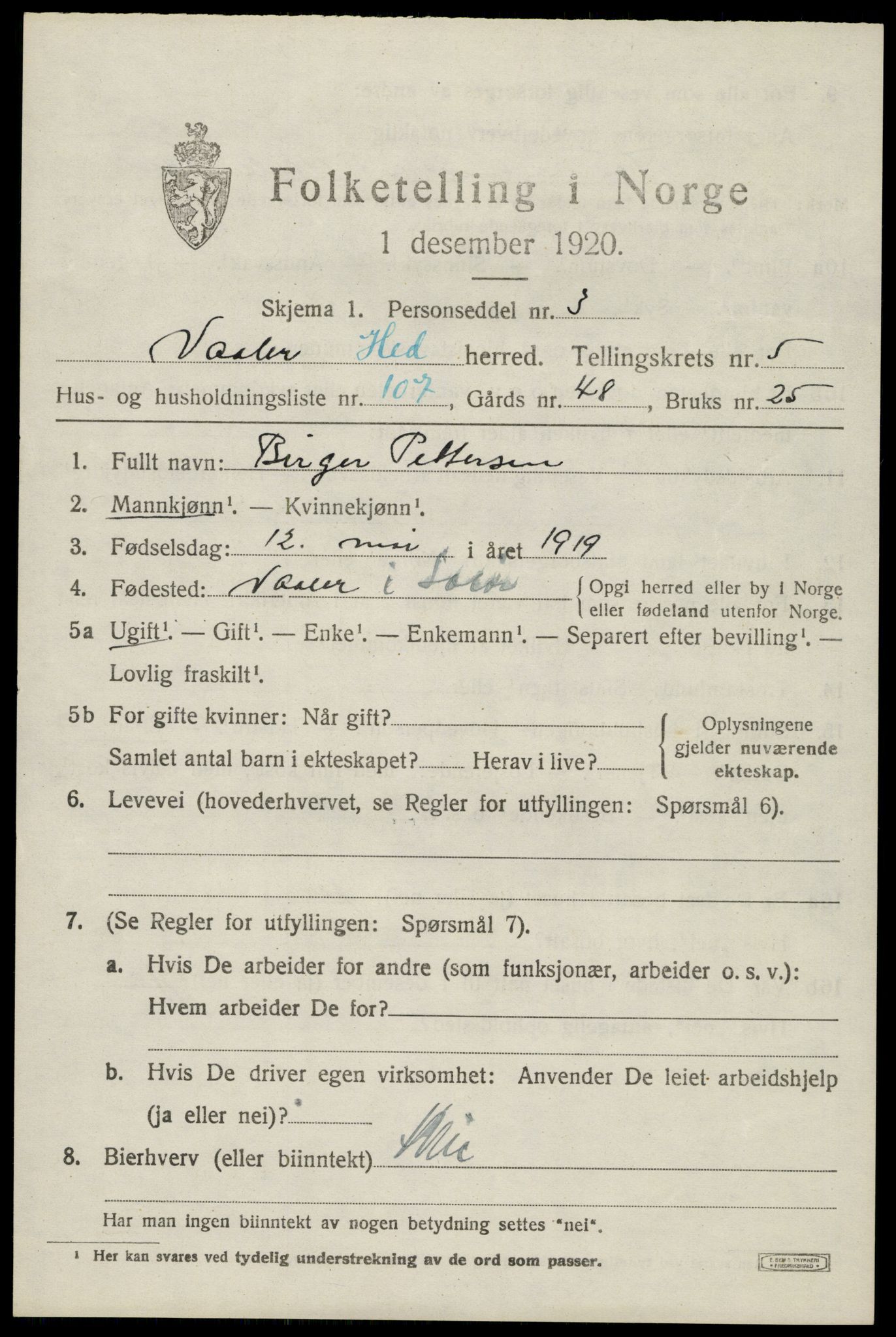 SAH, 1920 census for Våler (Hedmark), 1920, p. 6751