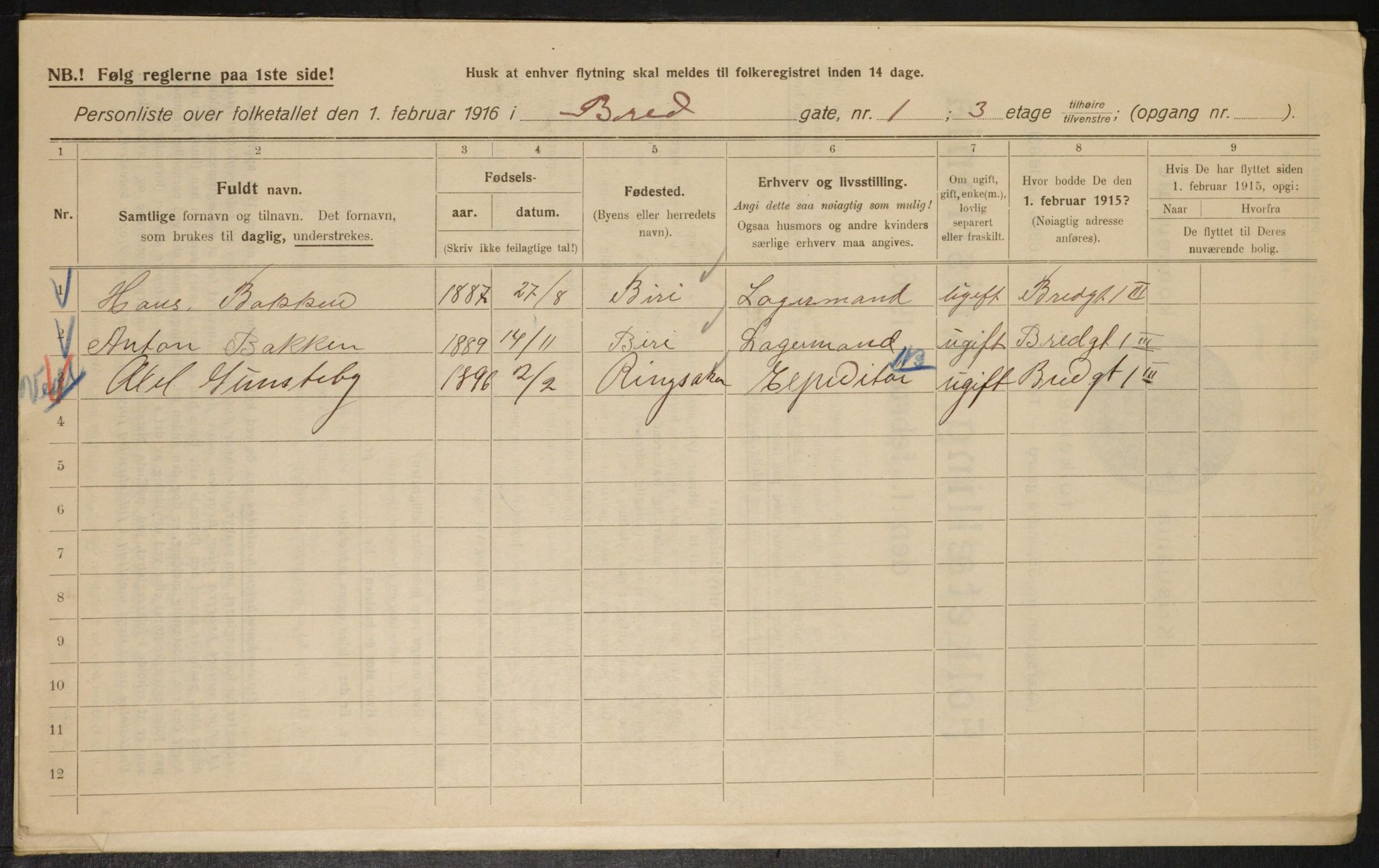 OBA, Municipal Census 1916 for Kristiania, 1916, p. 8216