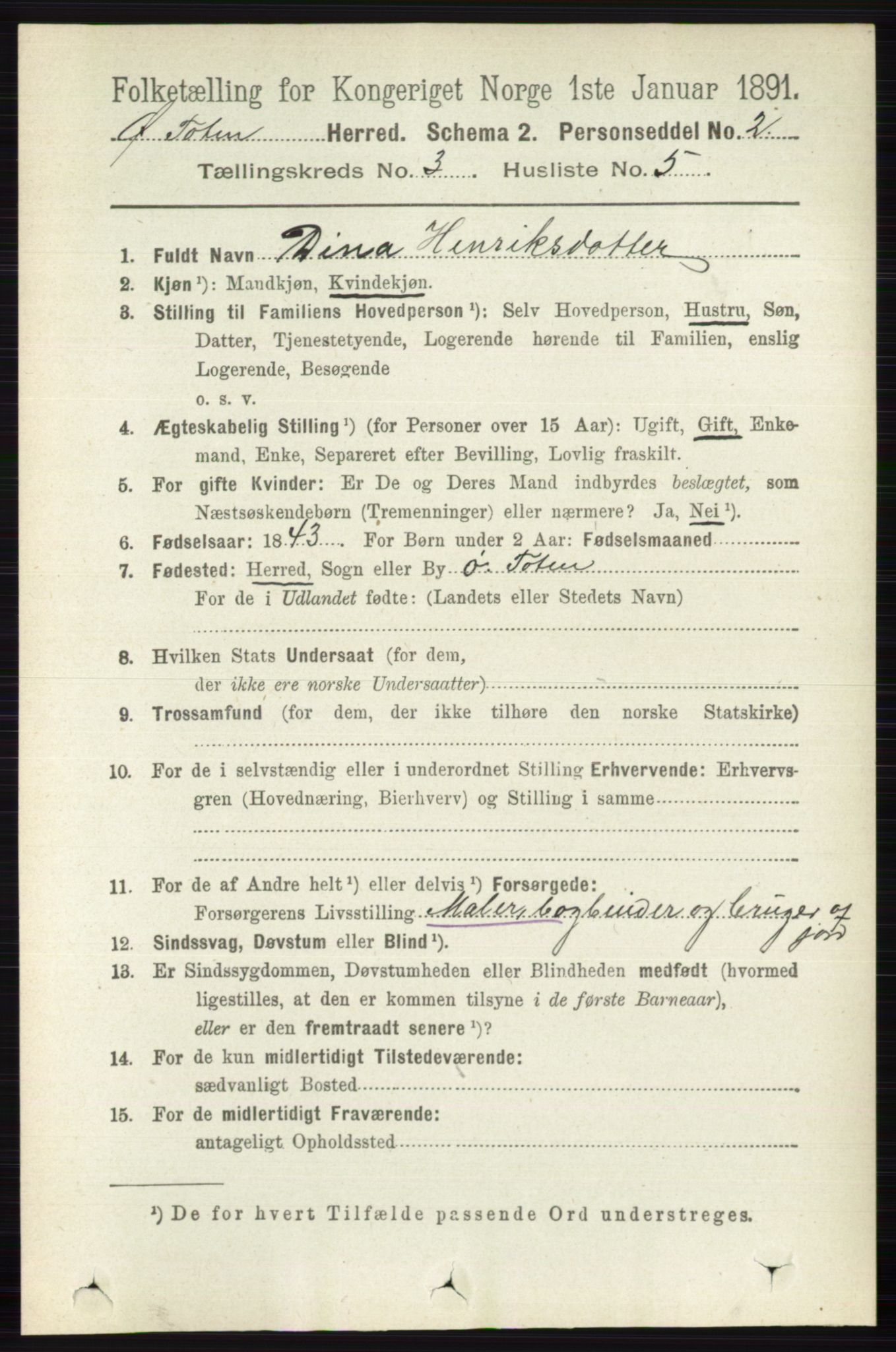 RA, 1891 census for 0528 Østre Toten, 1891, p. 1584