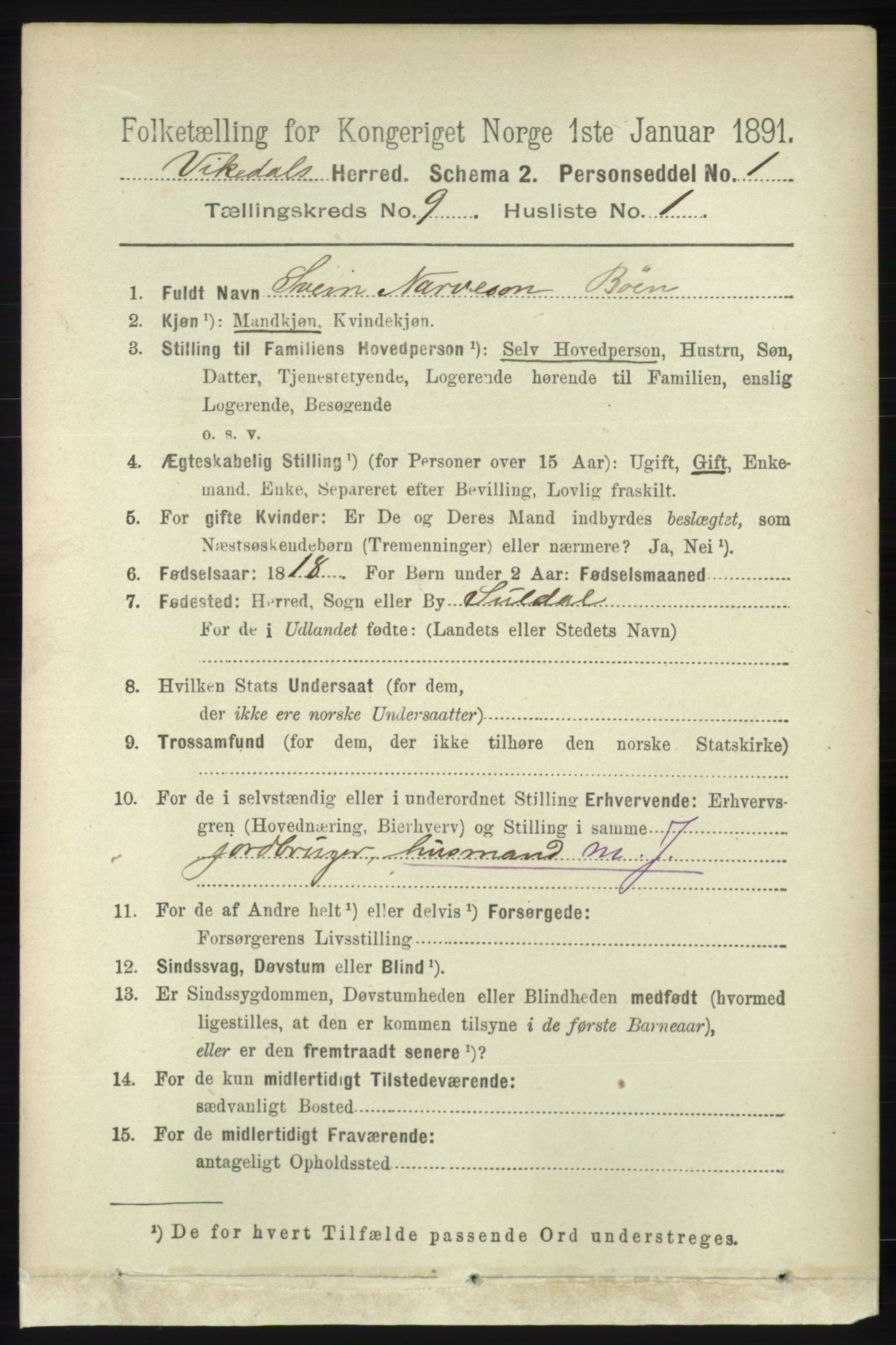 RA, 1891 census for 1157 Vikedal, 1891, p. 2366