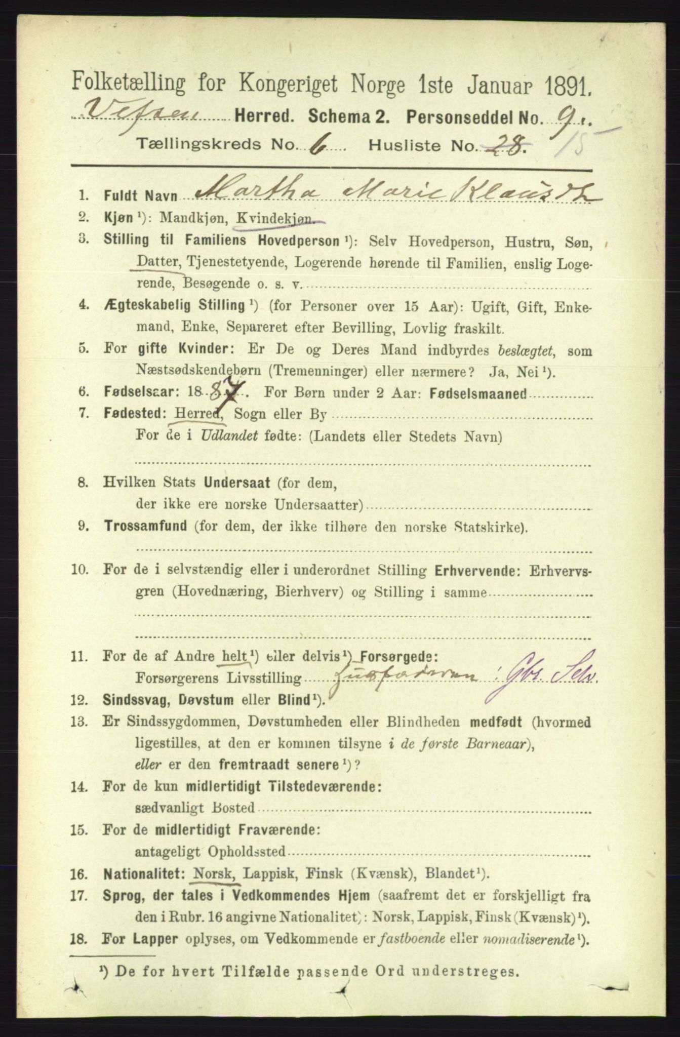 RA, 1891 census for 1824 Vefsn, 1891, p. 2894