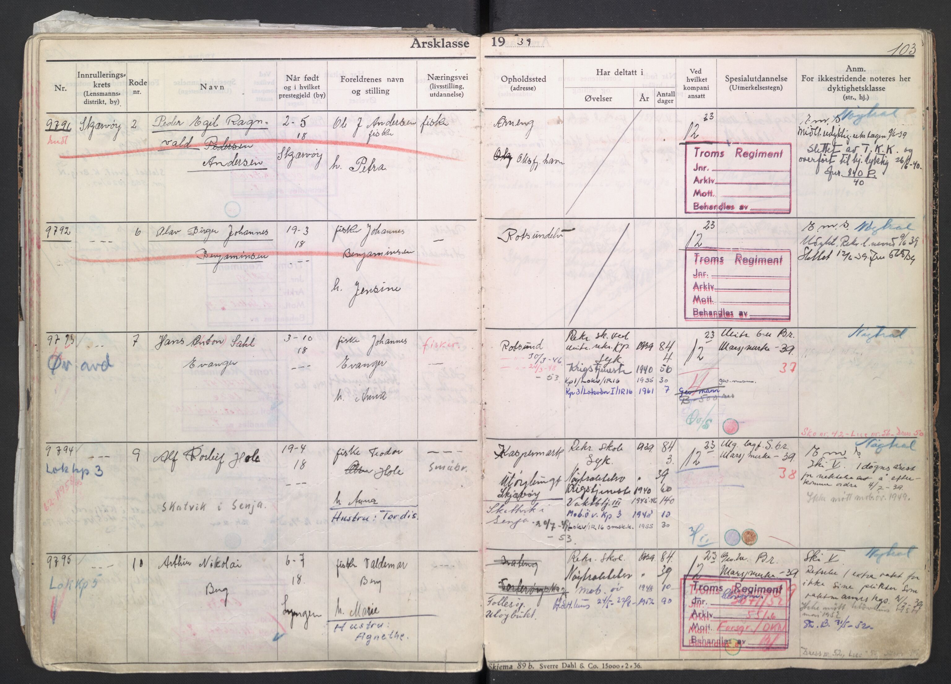 Forsvaret, Troms infanteriregiment nr. 16, AV/RA-RAFA-3146/P/Pa/L0007/0004: Ruller / Rulle for regimentets menige mannskaper, årsklasse 1939, 1939, p. 103