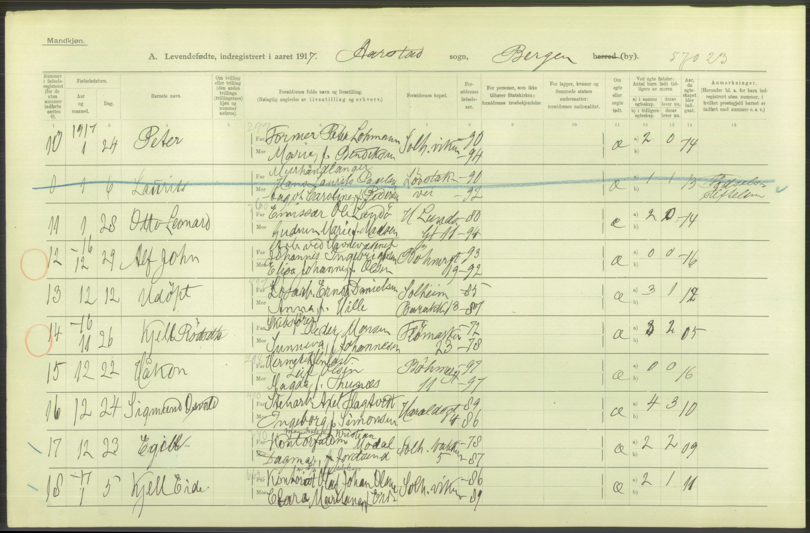 Statistisk sentralbyrå, Sosiodemografiske emner, Befolkning, AV/RA-S-2228/D/Df/Dfb/Dfbg/L0037: Bergen: Levendefødte menn og kvinner., 1917, p. 608