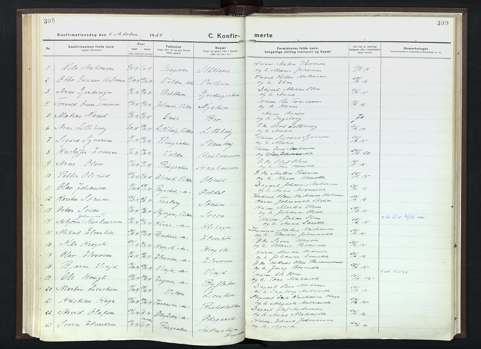Veldre prestekontor, SAH/PREST-018/K/Ka/L0001: Parish register (official) no. 1, 1921-1934, p. 308-309