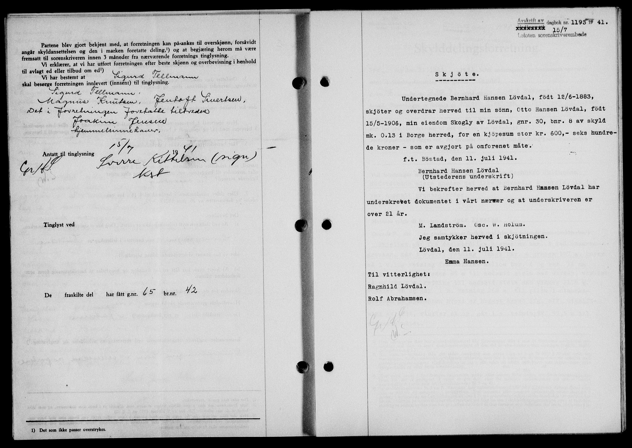 Lofoten sorenskriveri, SAT/A-0017/1/2/2C/L0008a: Mortgage book no. 8a, 1940-1941, Diary no: : 1193/1941