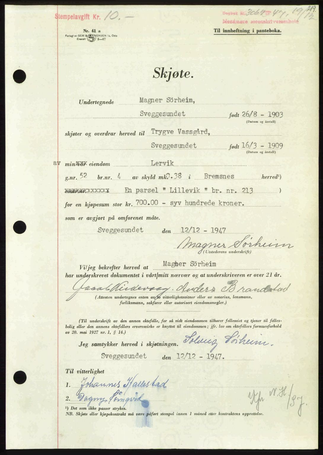 Nordmøre sorenskriveri, AV/SAT-A-4132/1/2/2Ca: Mortgage book no. A107, 1947-1948, Diary no: : 3062/1947