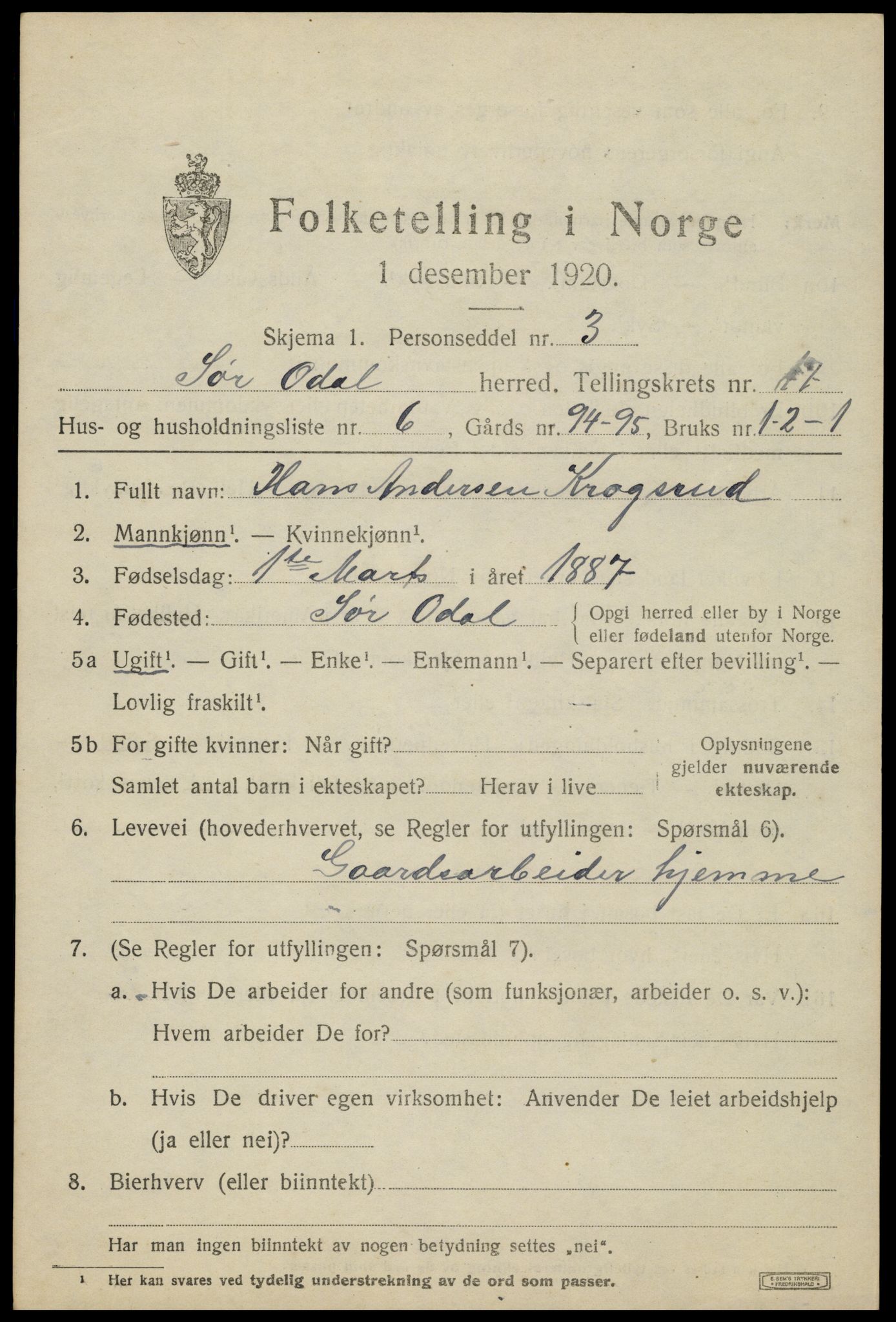 SAH, 1920 census for Sør-Odal, 1920, p. 17065