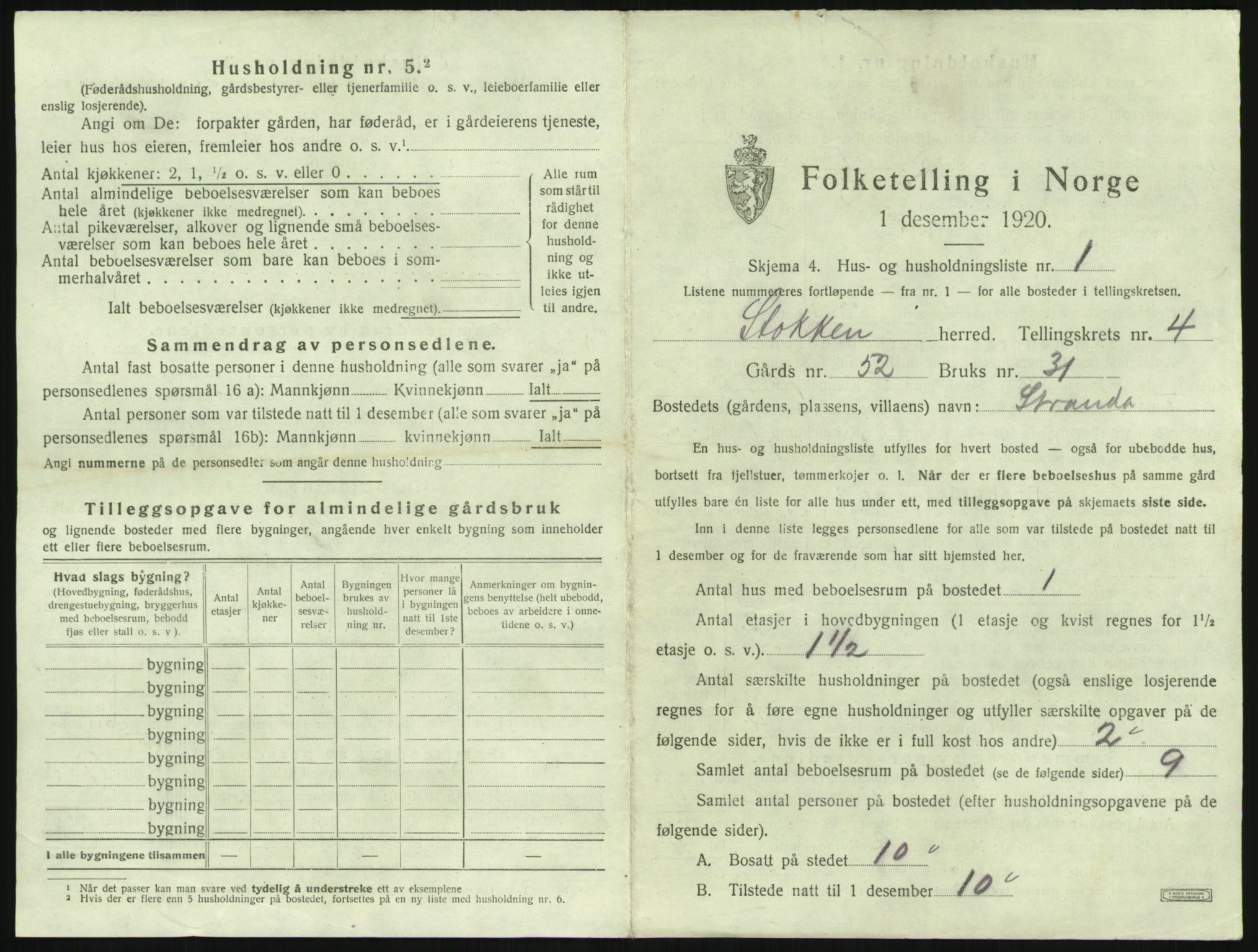 SAK, 1920 census for Stokken, 1920, p. 374