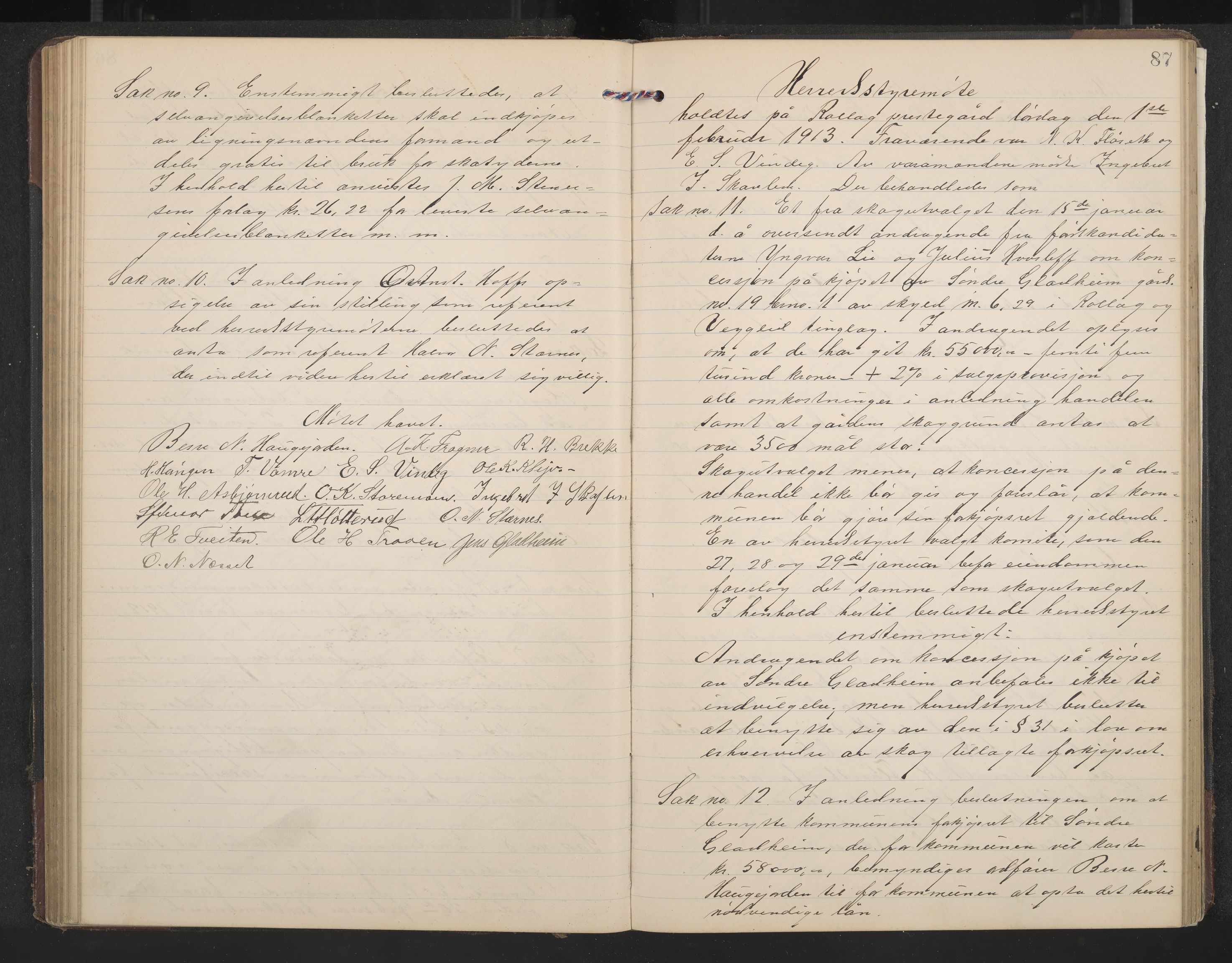 Rollag formannskap og sentraladministrasjon, IKAK/0632021-2/A/Aa/L0005: Møtebok, 1909-1915, p. 87