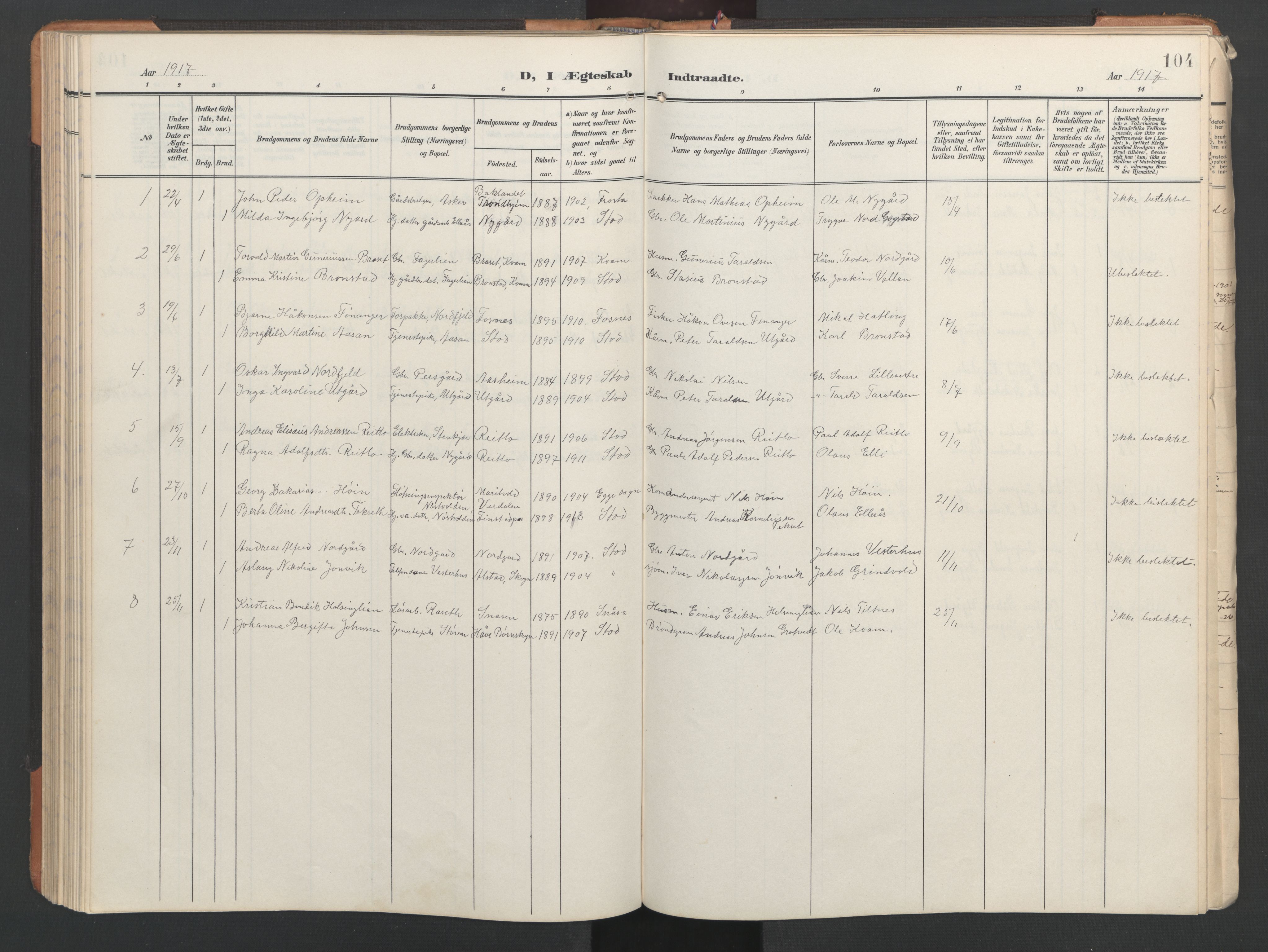 Ministerialprotokoller, klokkerbøker og fødselsregistre - Nord-Trøndelag, SAT/A-1458/746/L0455: Parish register (copy) no. 746C01, 1908-1933, p. 104