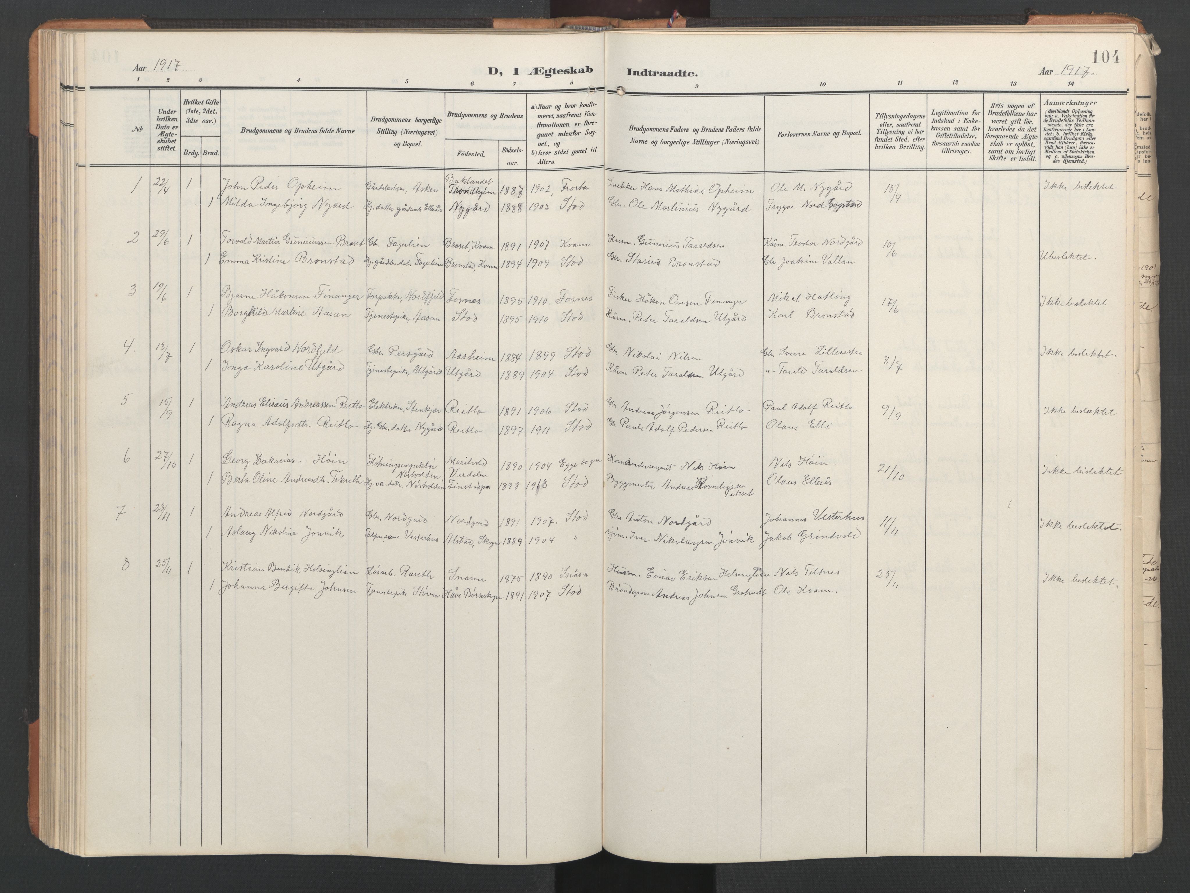 Ministerialprotokoller, klokkerbøker og fødselsregistre - Nord-Trøndelag, AV/SAT-A-1458/746/L0455: Parish register (copy) no. 746C01, 1908-1933, p. 104