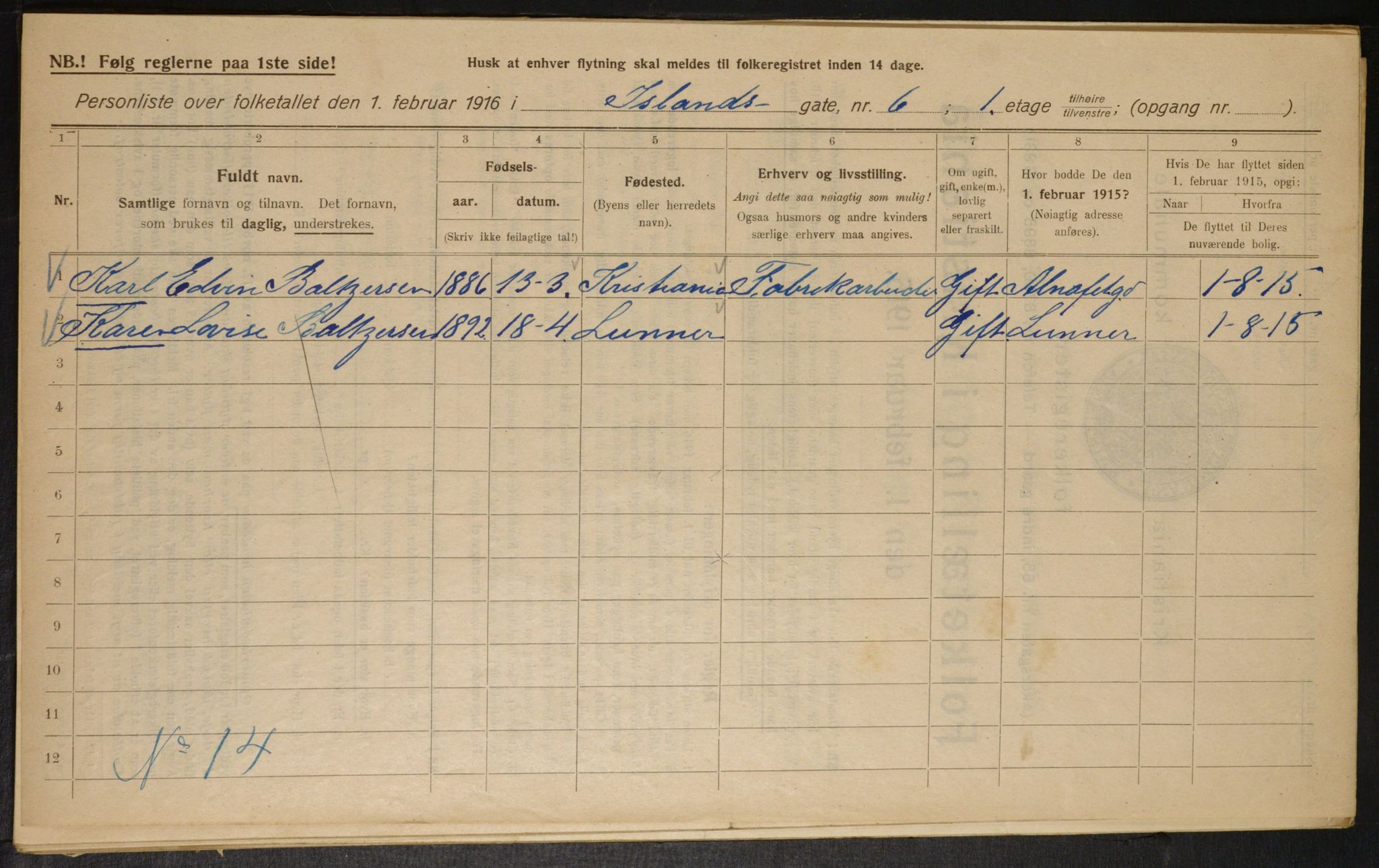 OBA, Municipal Census 1916 for Kristiania, 1916, p. 45462