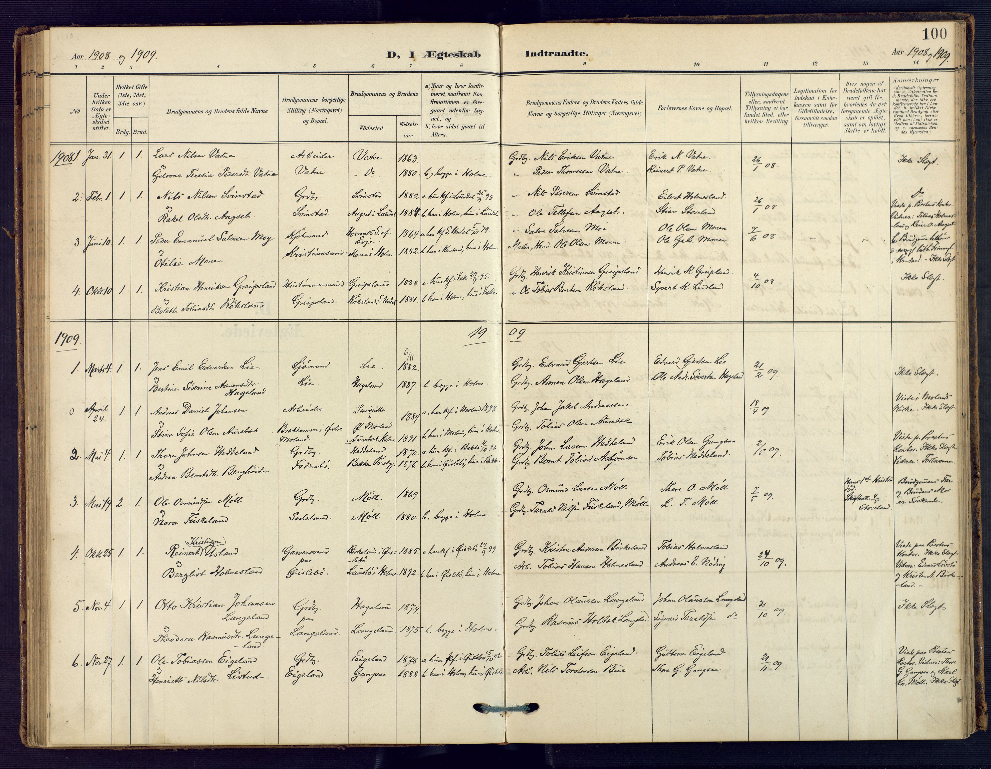 Holum sokneprestkontor, SAK/1111-0022/F/Fa/Faa/L0008: Parish register (official) no. A 8, 1908-1929, p. 100