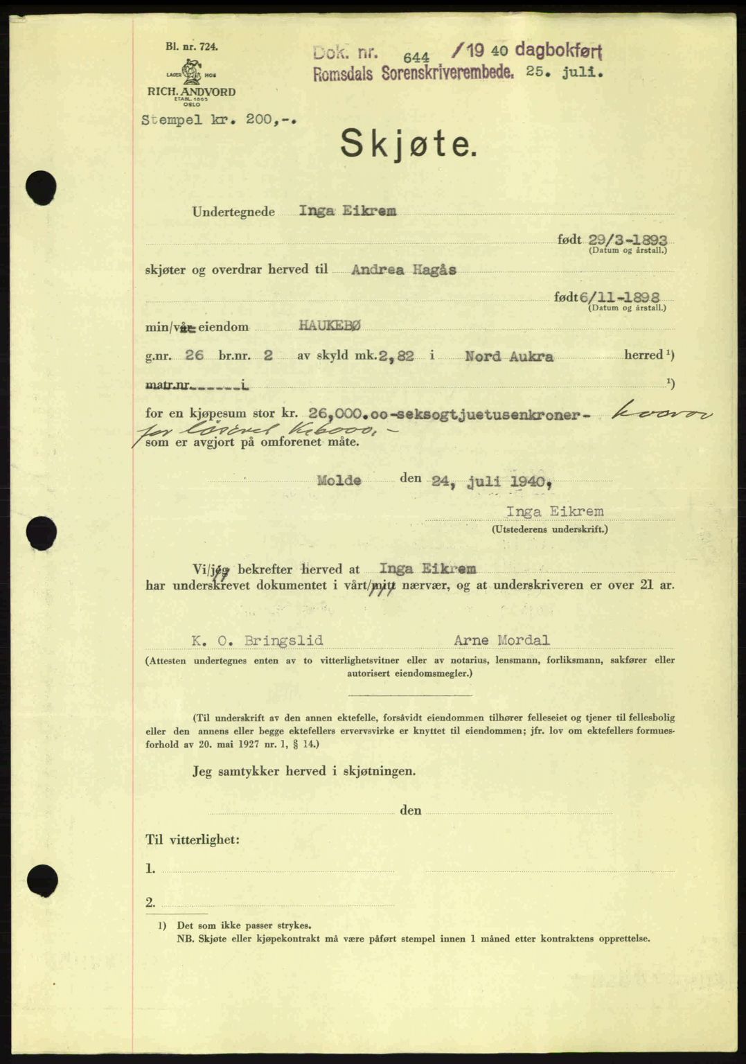 Romsdal sorenskriveri, AV/SAT-A-4149/1/2/2C: Mortgage book no. A8, 1939-1940, Diary no: : 644/1940