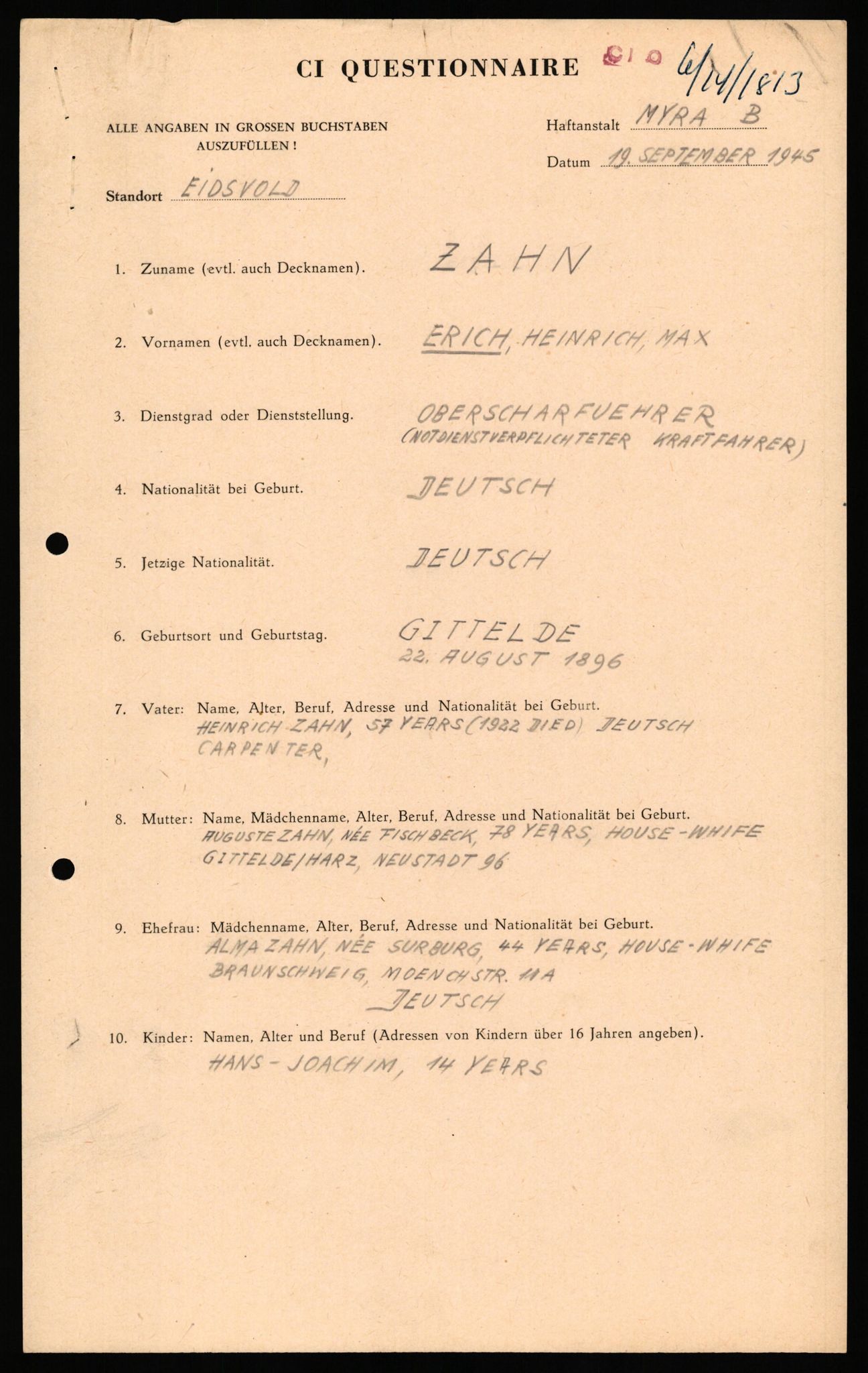 Forsvaret, Forsvarets overkommando II, AV/RA-RAFA-3915/D/Db/L0037: CI Questionaires. Tyske okkupasjonsstyrker i Norge. Tyskere., 1945-1946, p. 33