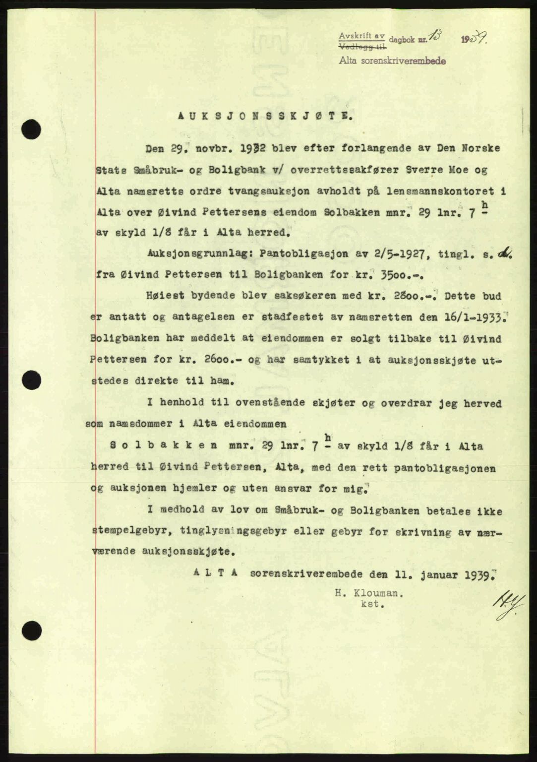 Alta fogderi/sorenskriveri, AV/SATØ-SATØ-5/1/K/Kd/L0031pantebok: Mortgage book no. 31, 1938-1939, Diary no: : 13/1939