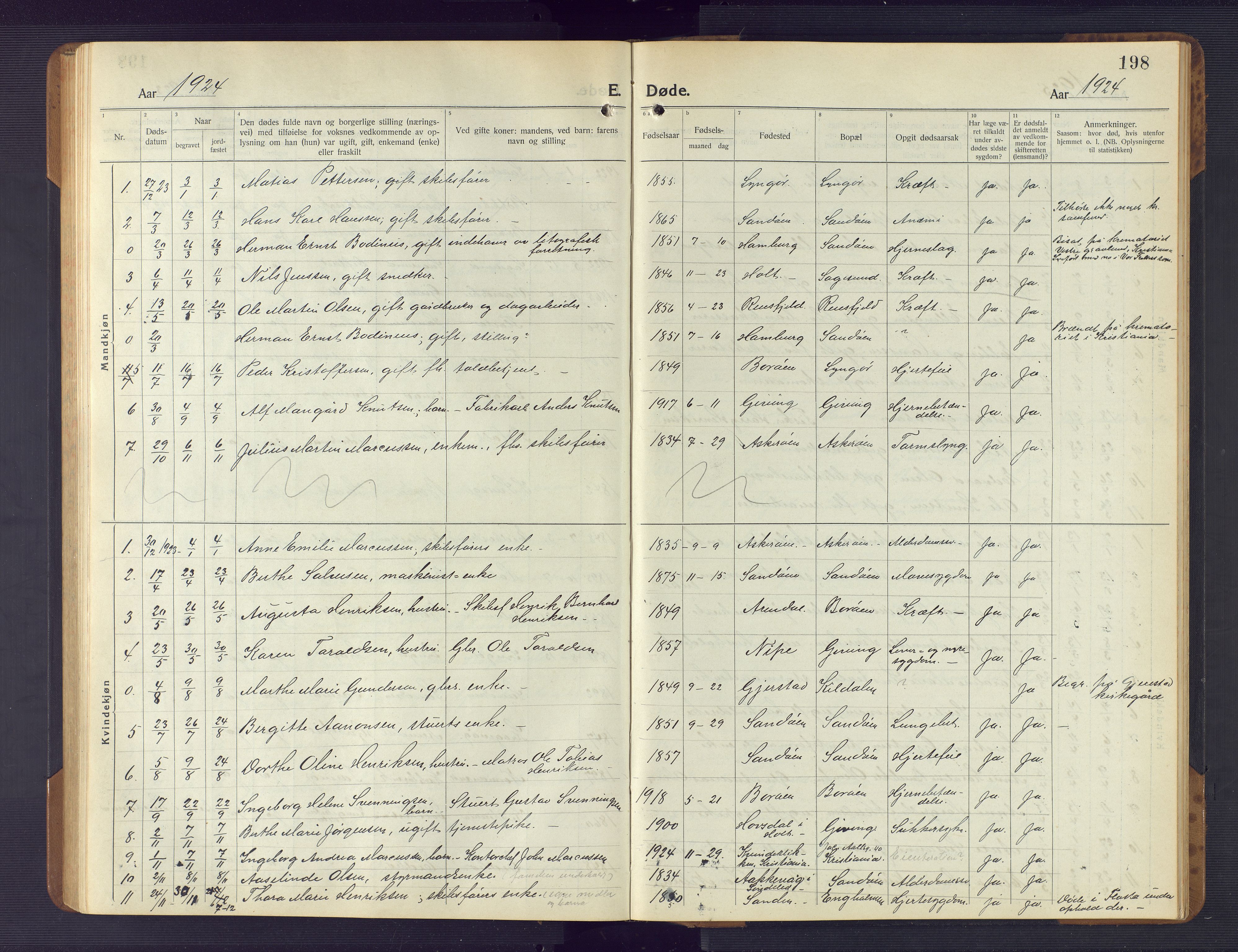 Dypvåg sokneprestkontor, SAK/1111-0007/F/Fb/Fba/L0015: Parish register (copy) no. B 15, 1922-1949, p. 198