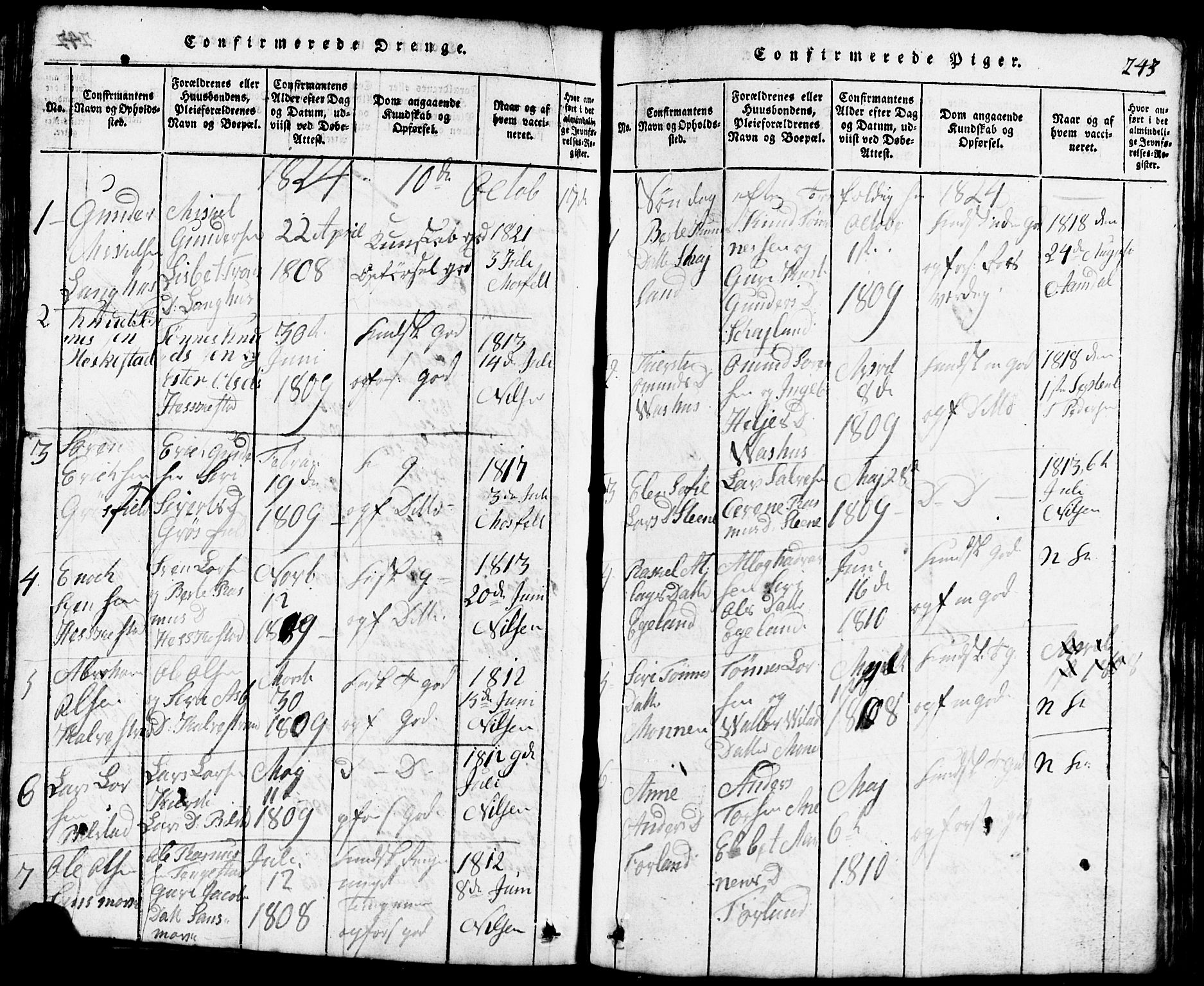 Lund sokneprestkontor, SAST/A-101809/S07/L0001: Parish register (copy) no. B 1, 1815-1853, p. 243