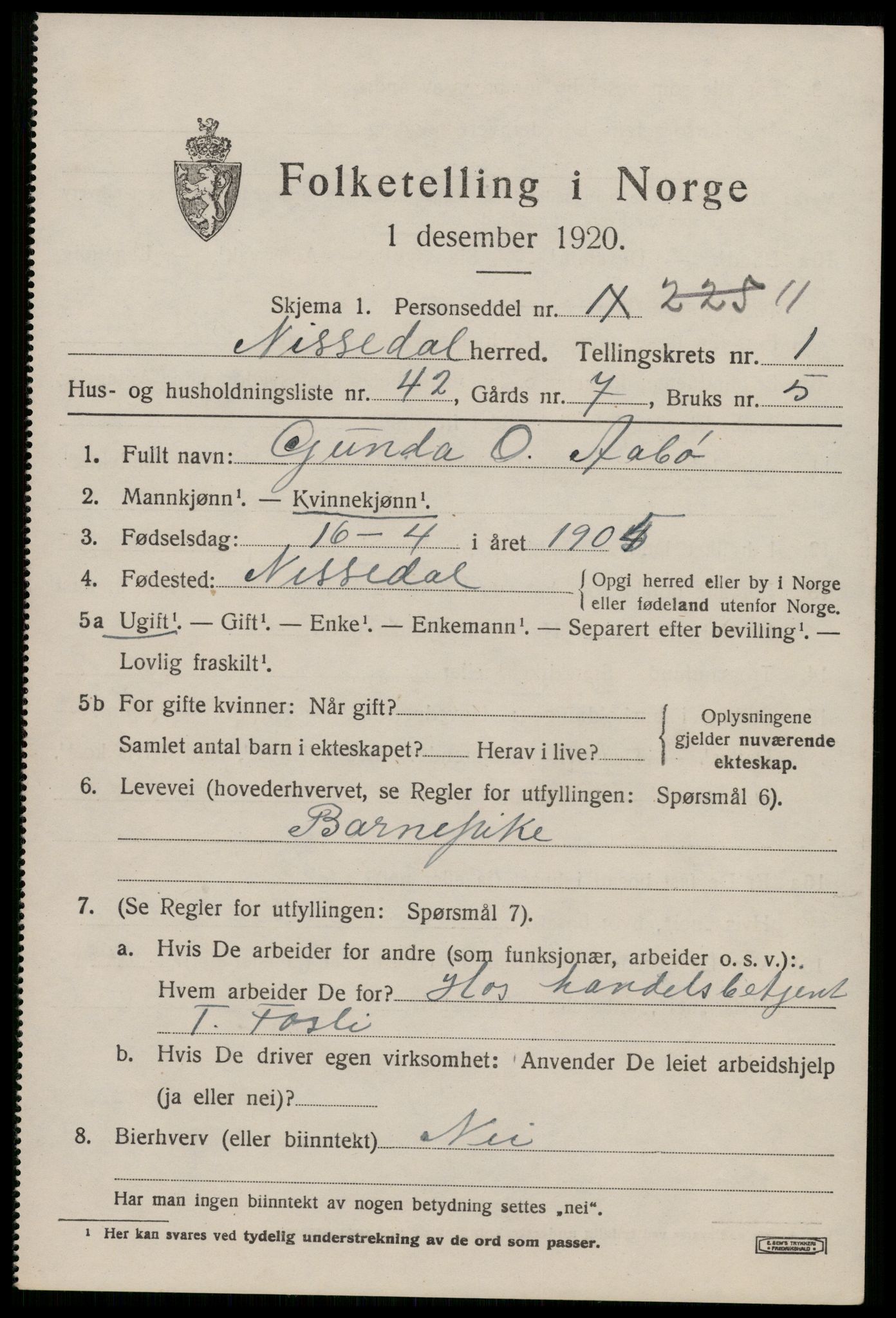 SAKO, 1920 census for Nissedal, 1920, p. 1283