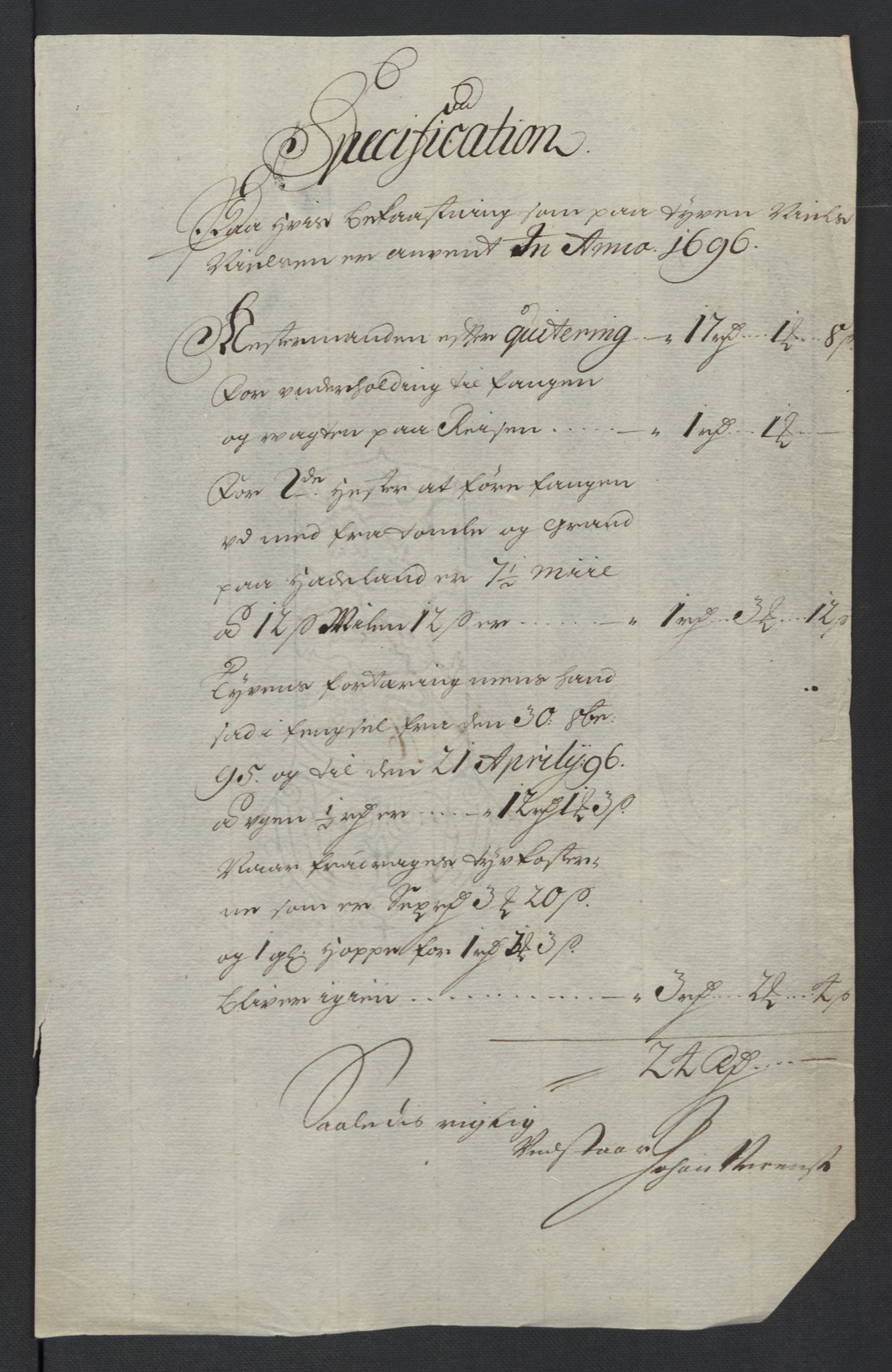 Rentekammeret inntil 1814, Reviderte regnskaper, Fogderegnskap, RA/EA-4092/R18/L1294: Fogderegnskap Hadeland, Toten og Valdres, 1696, p. 194