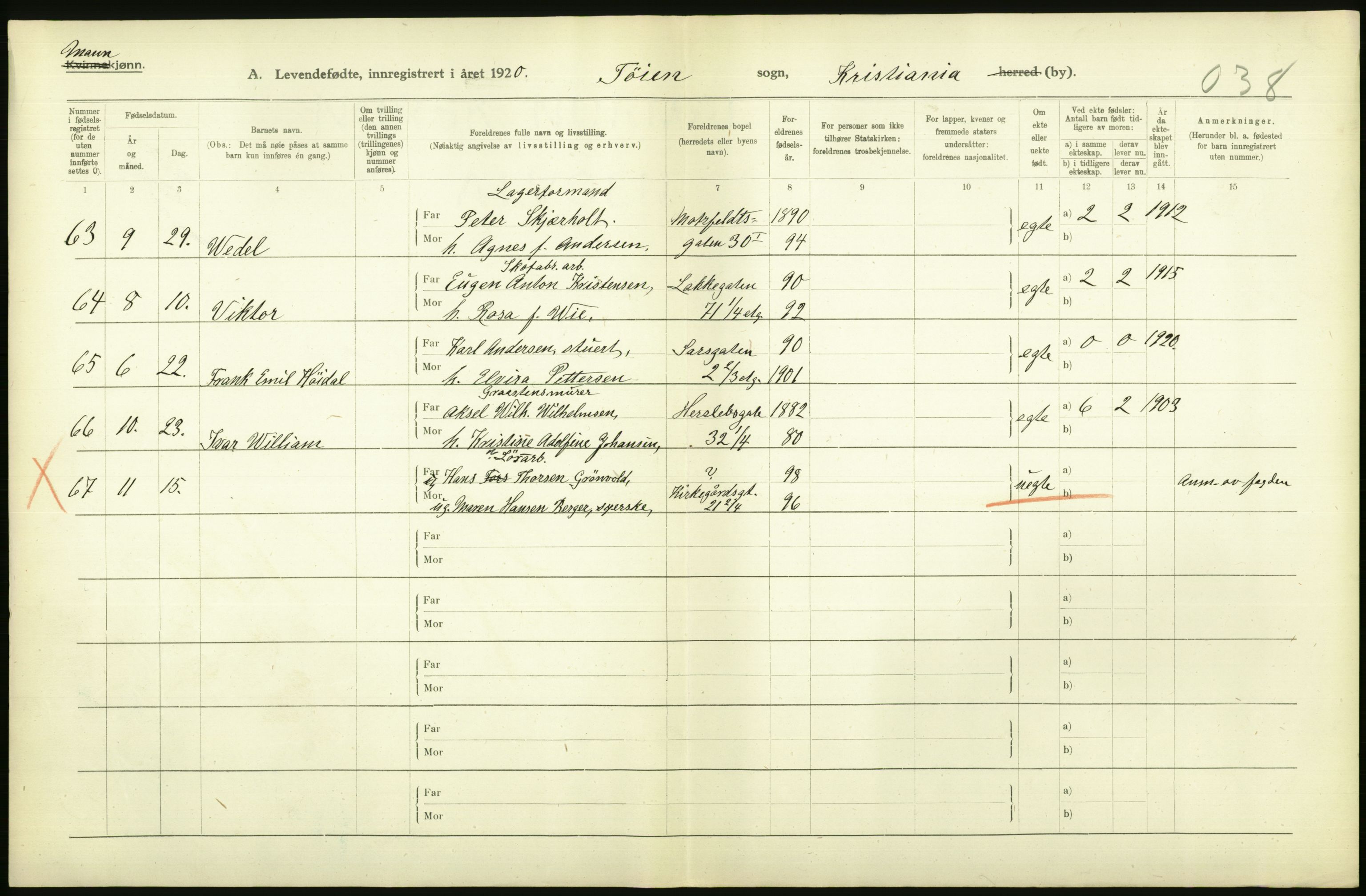 Statistisk sentralbyrå, Sosiodemografiske emner, Befolkning, AV/RA-S-2228/D/Df/Dfb/Dfbj/L0009: Kristiania: Levendefødte menn og kvinner., 1920, p. 22