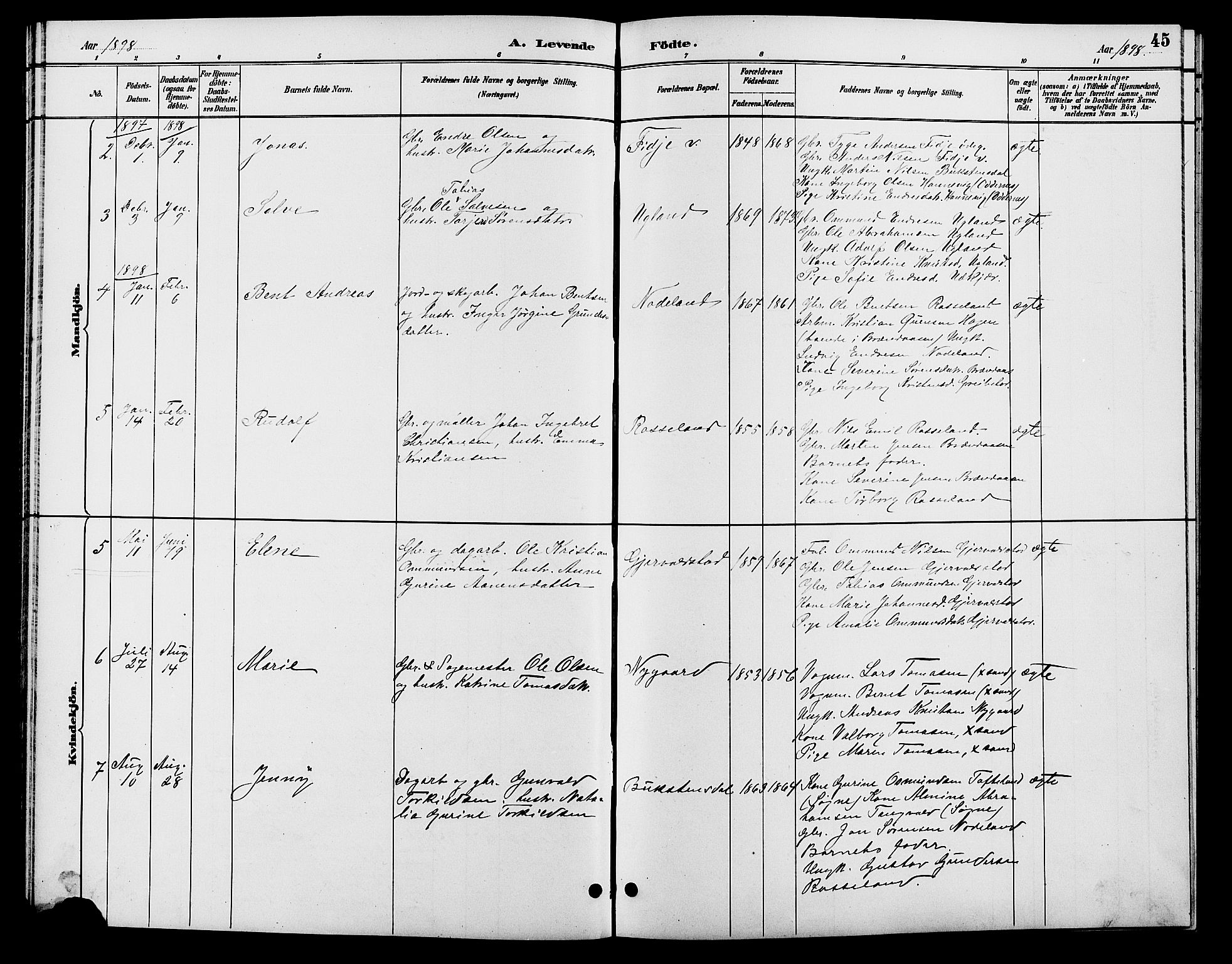 Søgne sokneprestkontor, SAK/1111-0037/F/Fb/Fba/L0004: Parish register (copy) no. B 4, 1888-1903, p. 45