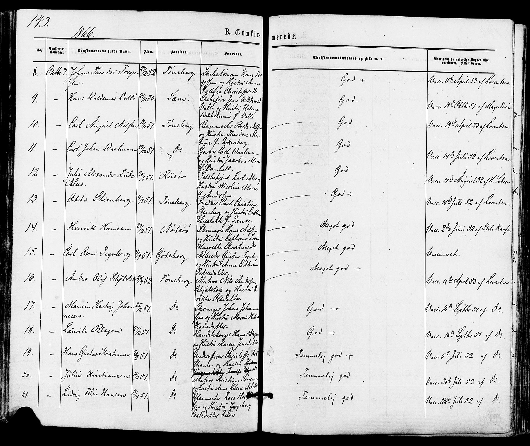 Tønsberg kirkebøker, AV/SAKO-A-330/F/Fa/L0009: Parish register (official) no. I 9, 1865-1873, p. 143